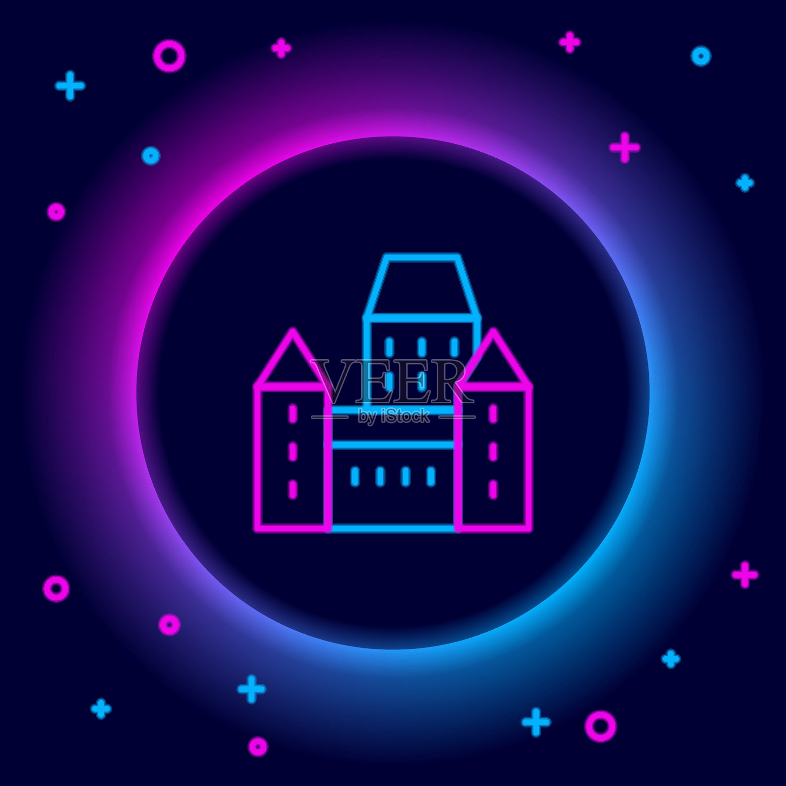 发光的霓虹灯线Chateau Frontenac酒店在魁北克市，加拿大图标孤立的黑色背景。色彩缤纷的轮廓概念。向量插画图片素材