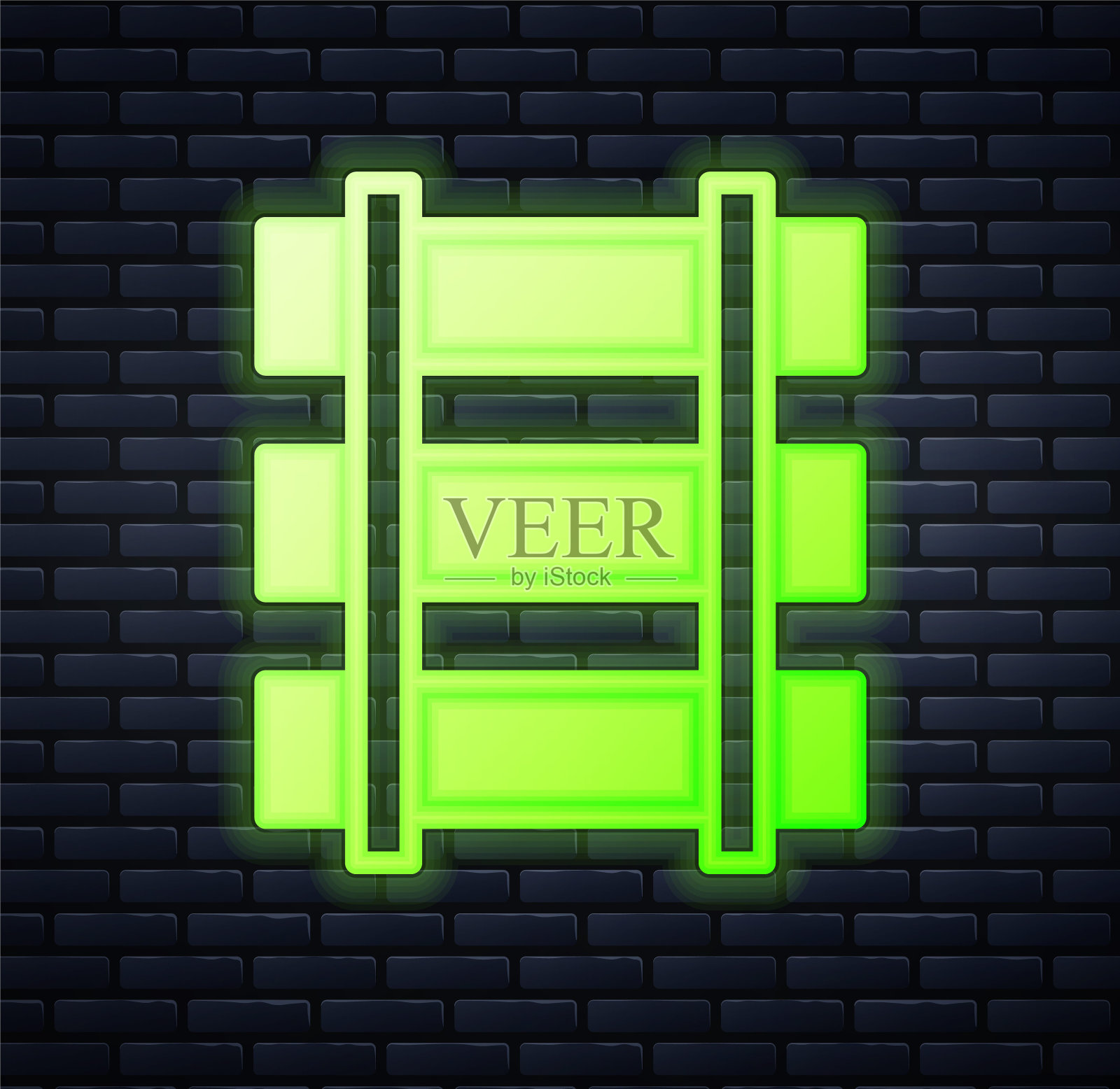 发光的霓虹灯铁路，铁路轨道图标孤立的砖墙背景。向量插画图片素材