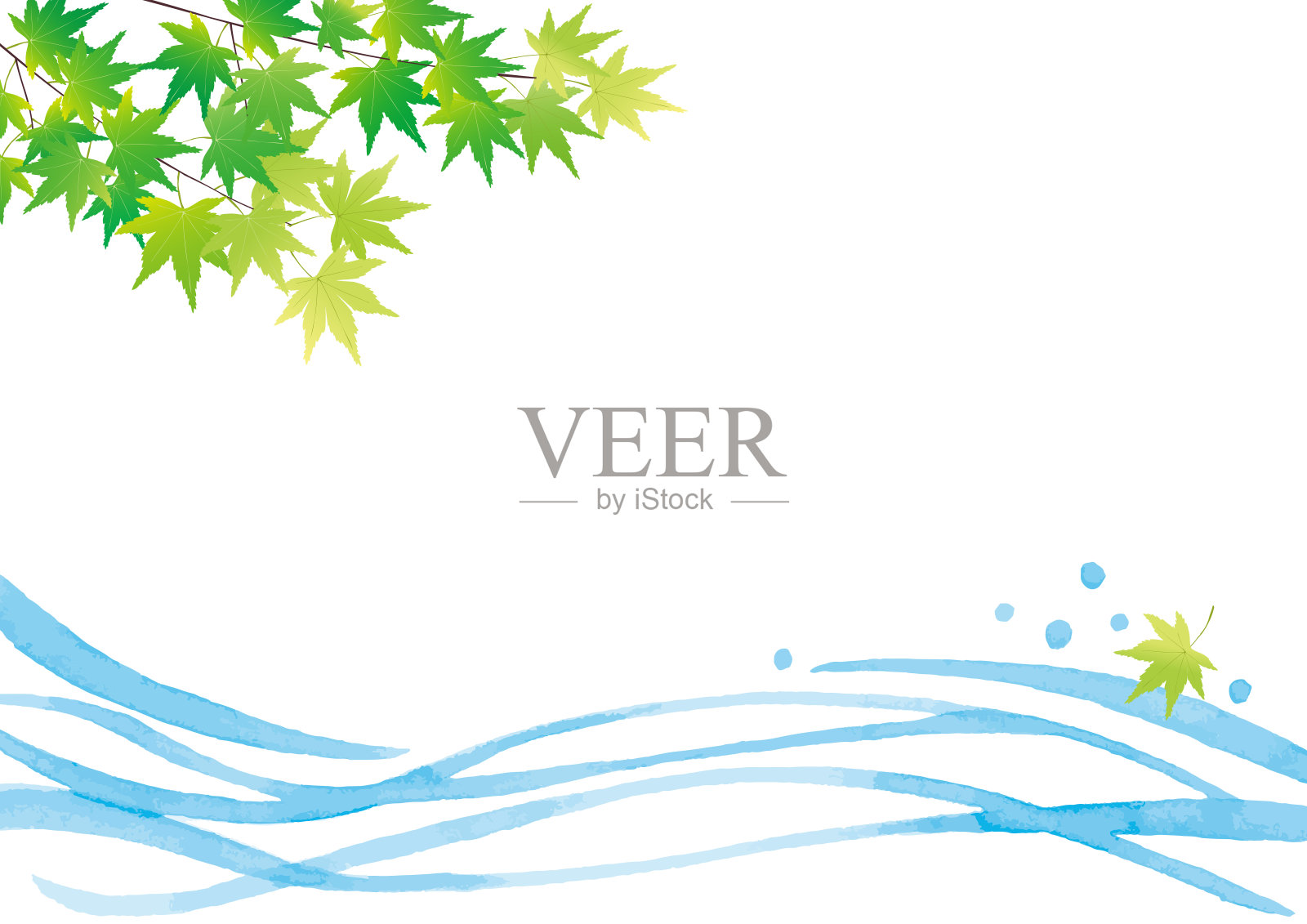 碧蓝的水波衬托着碧绿的枫叶插画图片素材