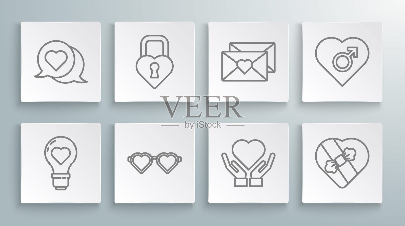 设线心形在一个灯泡，城堡的心，形状的爱情眼镜，在手，糖果盒，信封与情人节，男性性别和演讲泡沫图标。向量插画图片素材