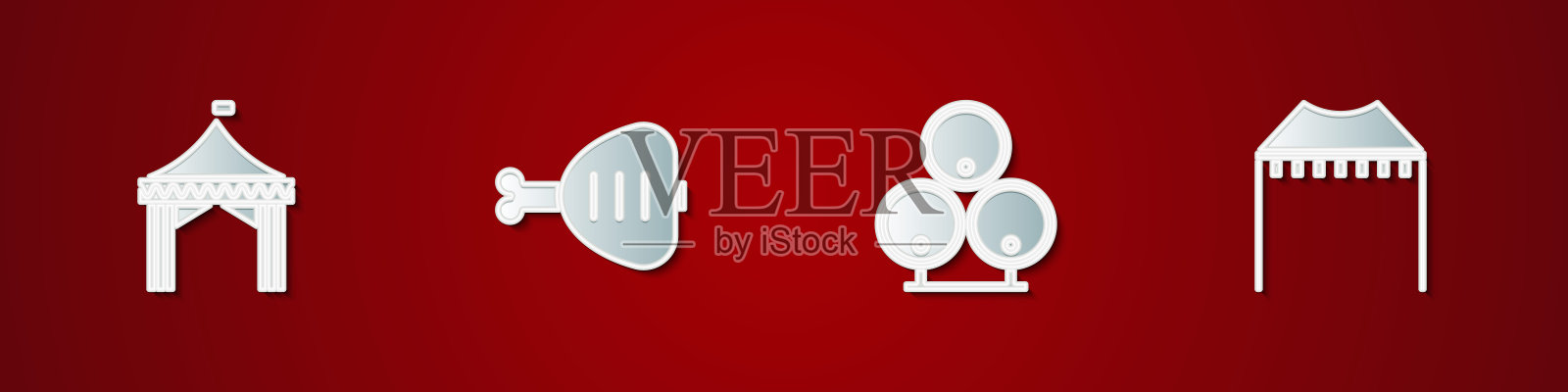 集露营帐篷，鸡腿，木桶和图标。向量插画图片素材