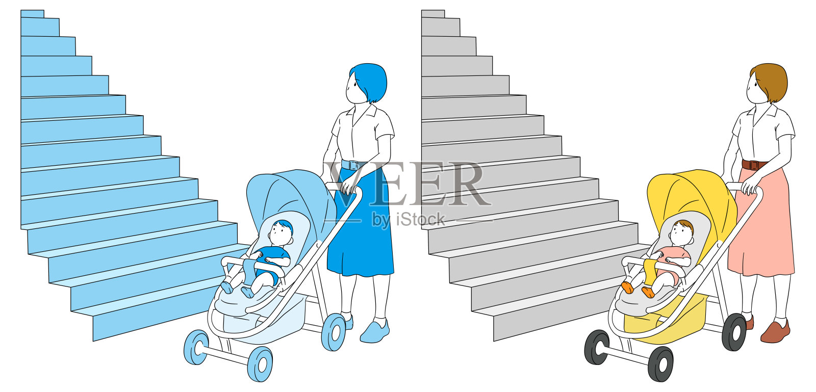 母亲带着婴儿和婴儿车往楼上看插画图片素材