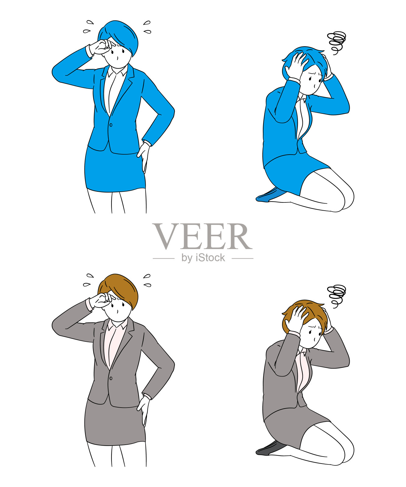 商人(女性)，手放在额头上，坐下时遇到麻烦插画图片素材