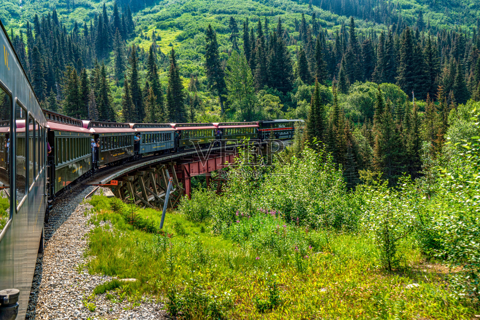 美国阿拉斯加州怀特山口山顶游览列车。照片摄影图片