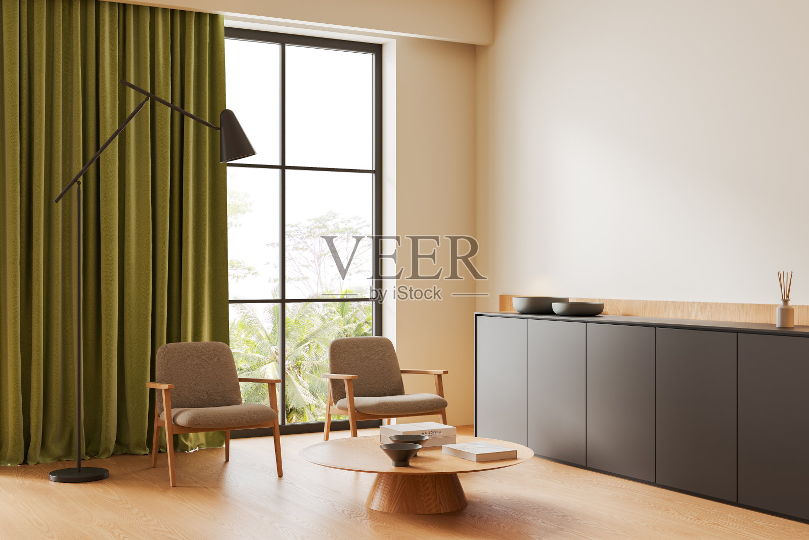 现代的客厅内部有两把扶手椅和抽屉，全景窗户照片摄影图片