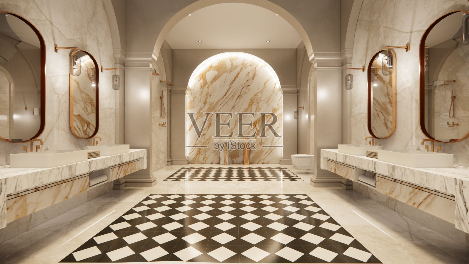 内部空的豪华住宅开放空间。客厅和食品储藏室厨房。双面空间内部。3d渲染。照片摄影图片