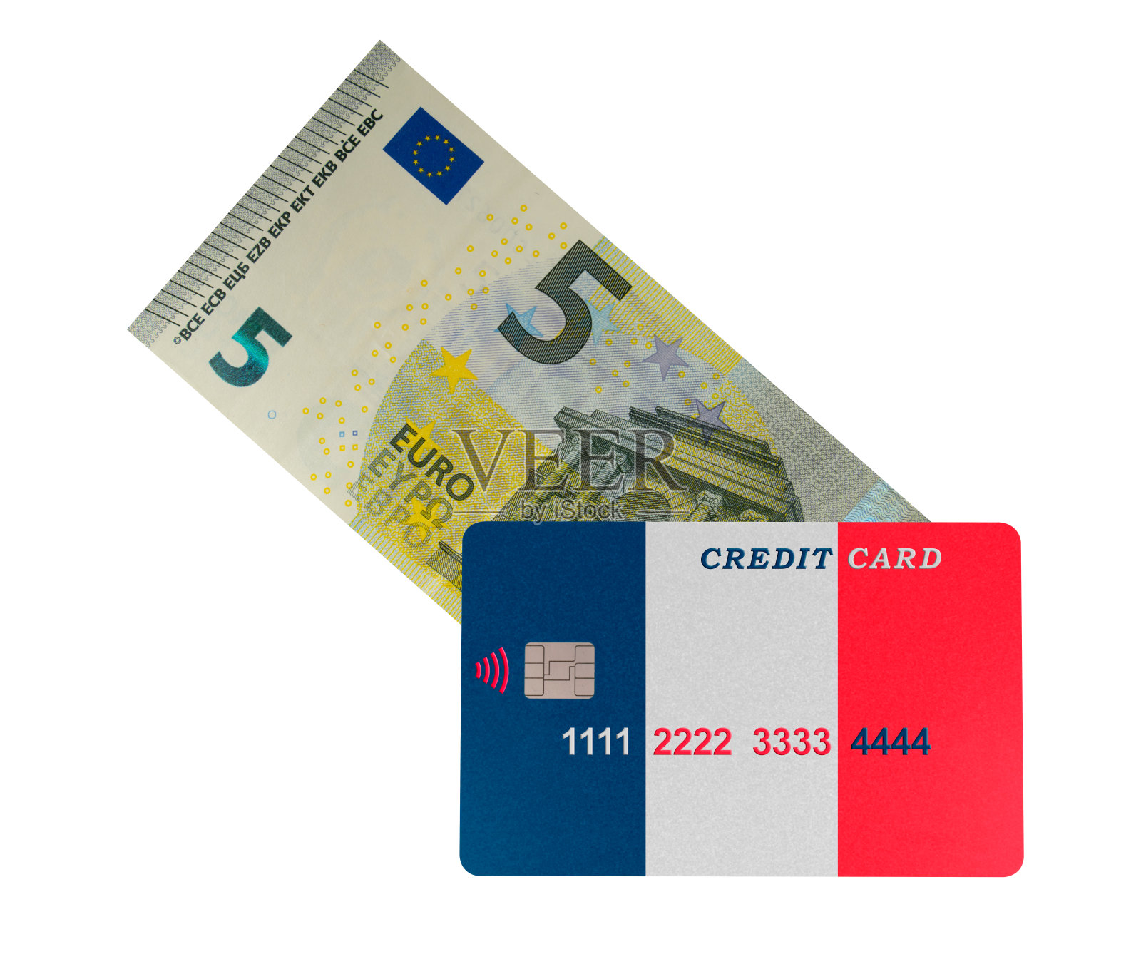 一张印有法国国旗的塑料信用卡印在5欧元纸币上照片摄影图片