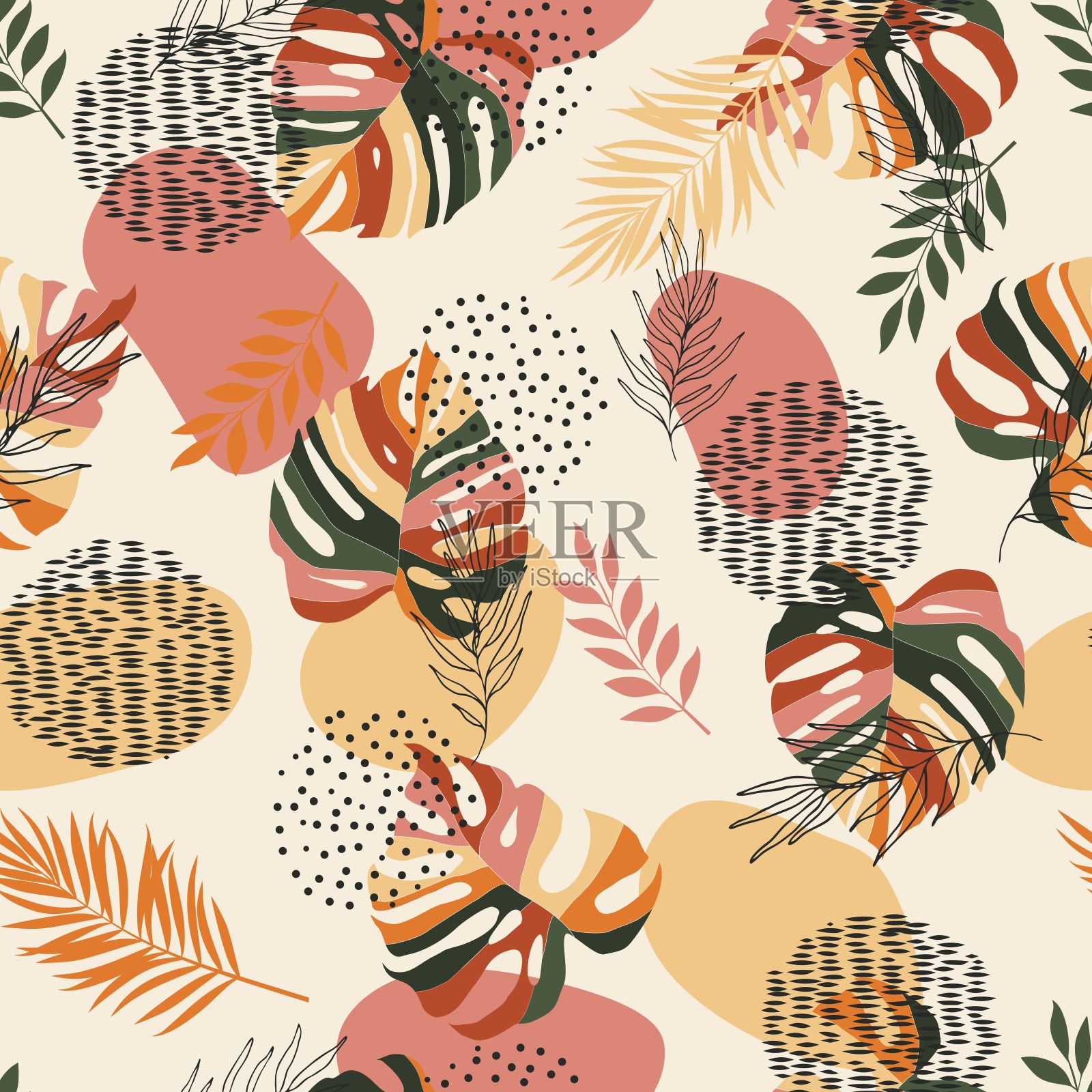 无缝图案与热带植物和树叶。插画图片素材