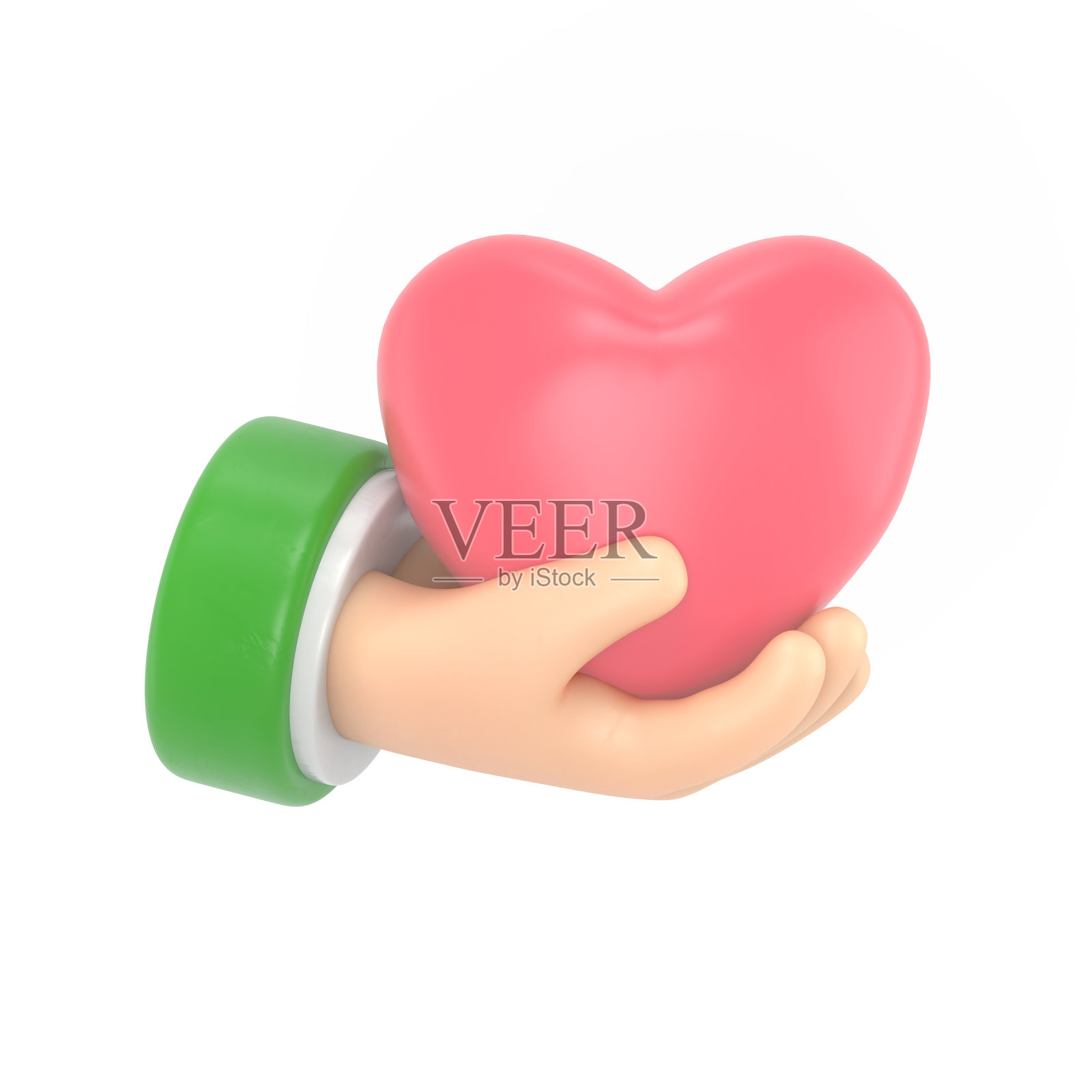 卡通手势图标模型。3d图标红心在手。现实的捐赠，爱或慈善的社交媒体插图，白色背景的3D渲染。照片摄影图片