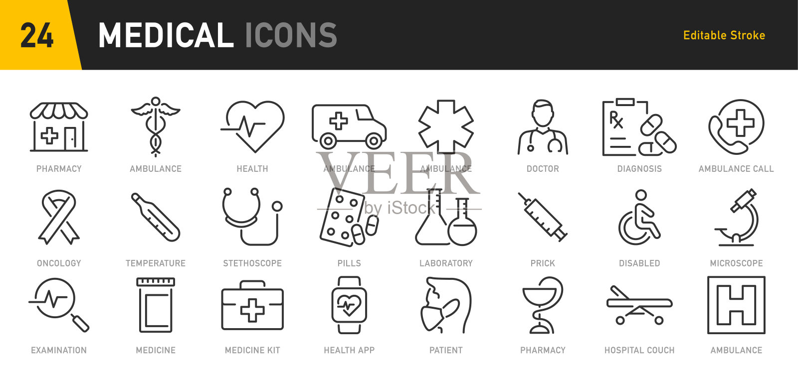 医疗保健线稿网页图标集：医药、医生、病毒、检测、实验室等插画图片素材