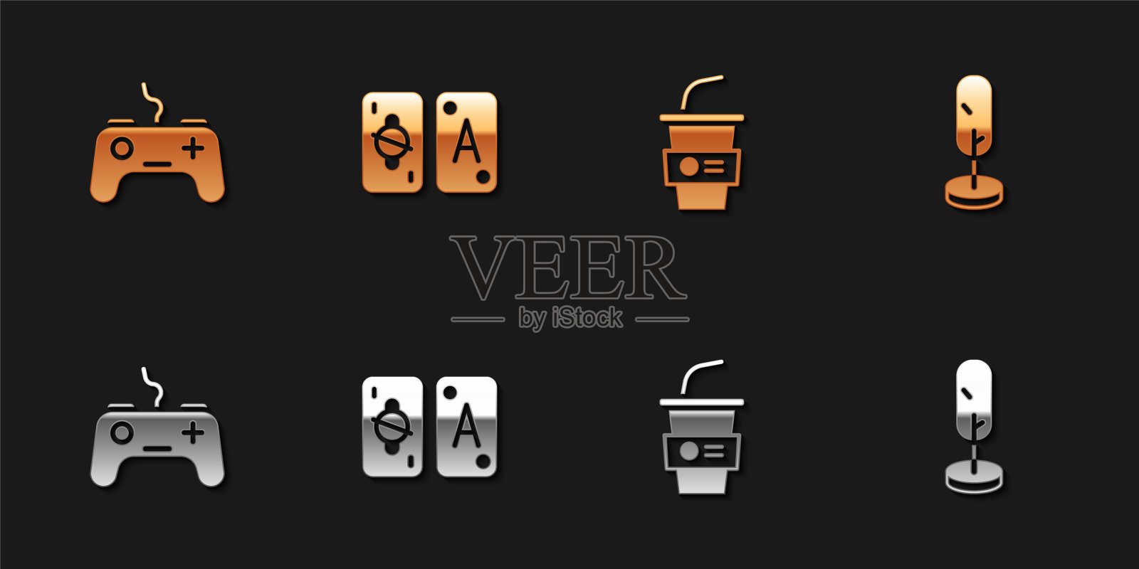 设置手柄，塔罗牌，纸玻璃与水和树的图标。向量插画图片素材