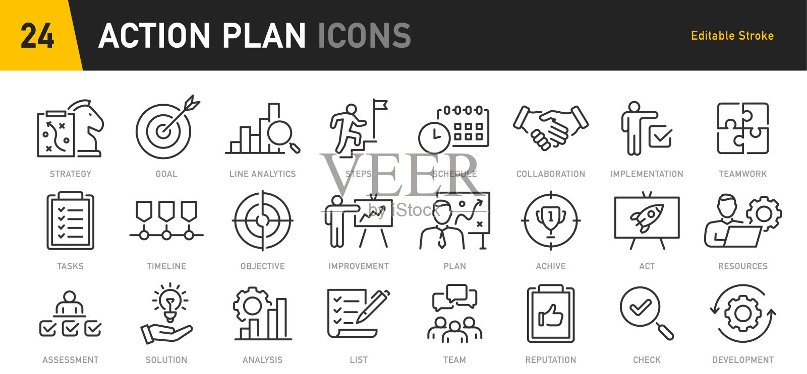 行动计划网页图标设置在线的风格。进度、计划、实施、策略、分析、协作、检查、收集。矢量插图。插画图片素材