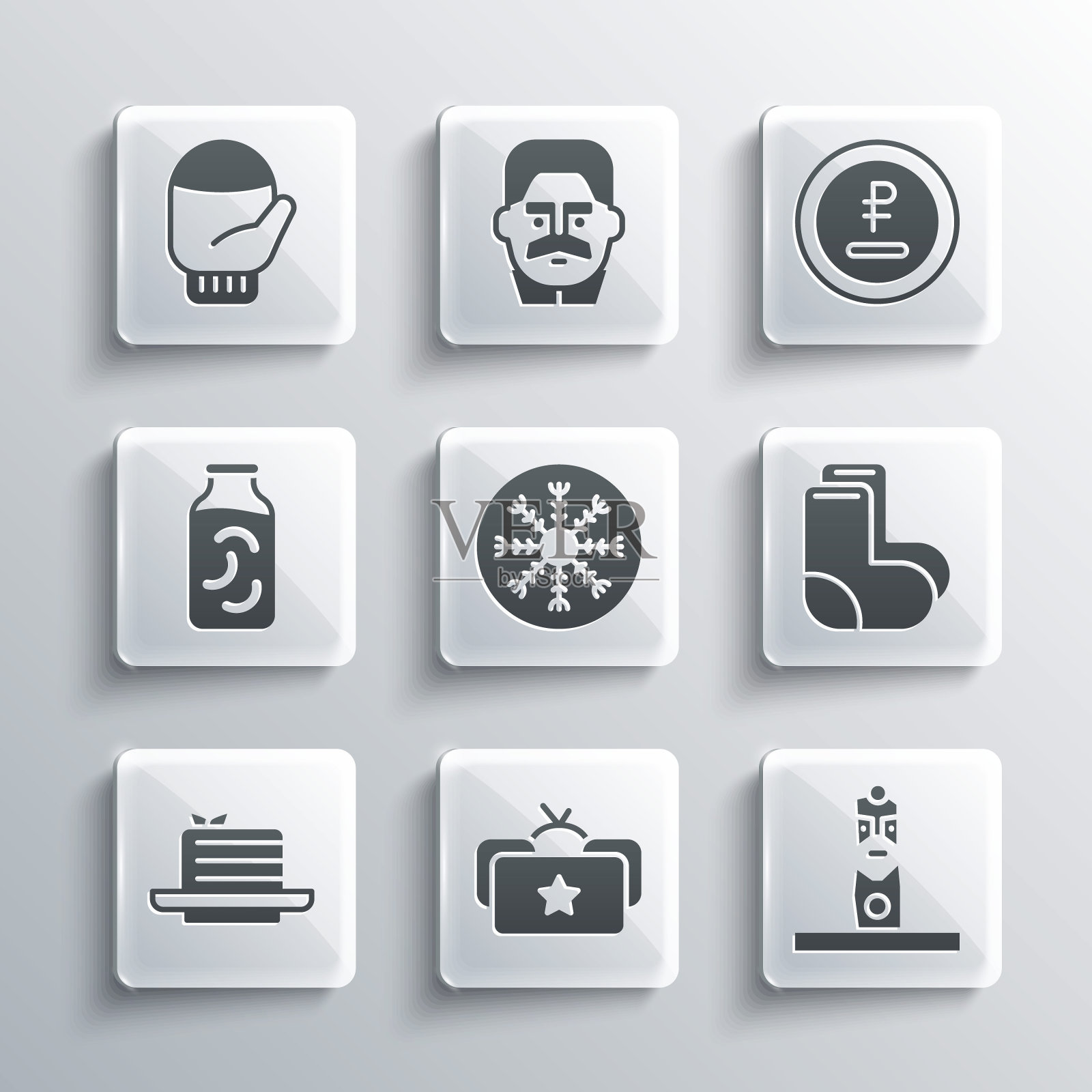 设置Ushanka，斯拉夫异教偶像，瓦伦基，雪花，梅多维克，坛子里的腌黄瓜，圣诞手套和卢布，卢布货币图标。向量插画图片素材