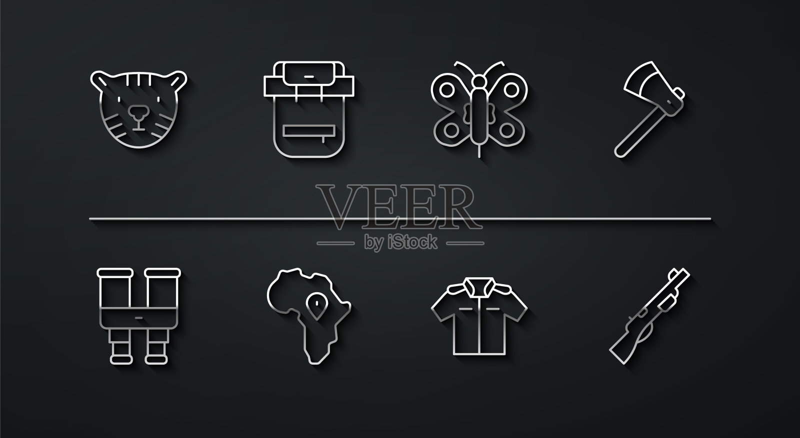 集线虎头，双筒望远镜，木斧，衬衫，非洲地图，徒步背包，猎枪和蝴蝶图标。向量插画图片素材