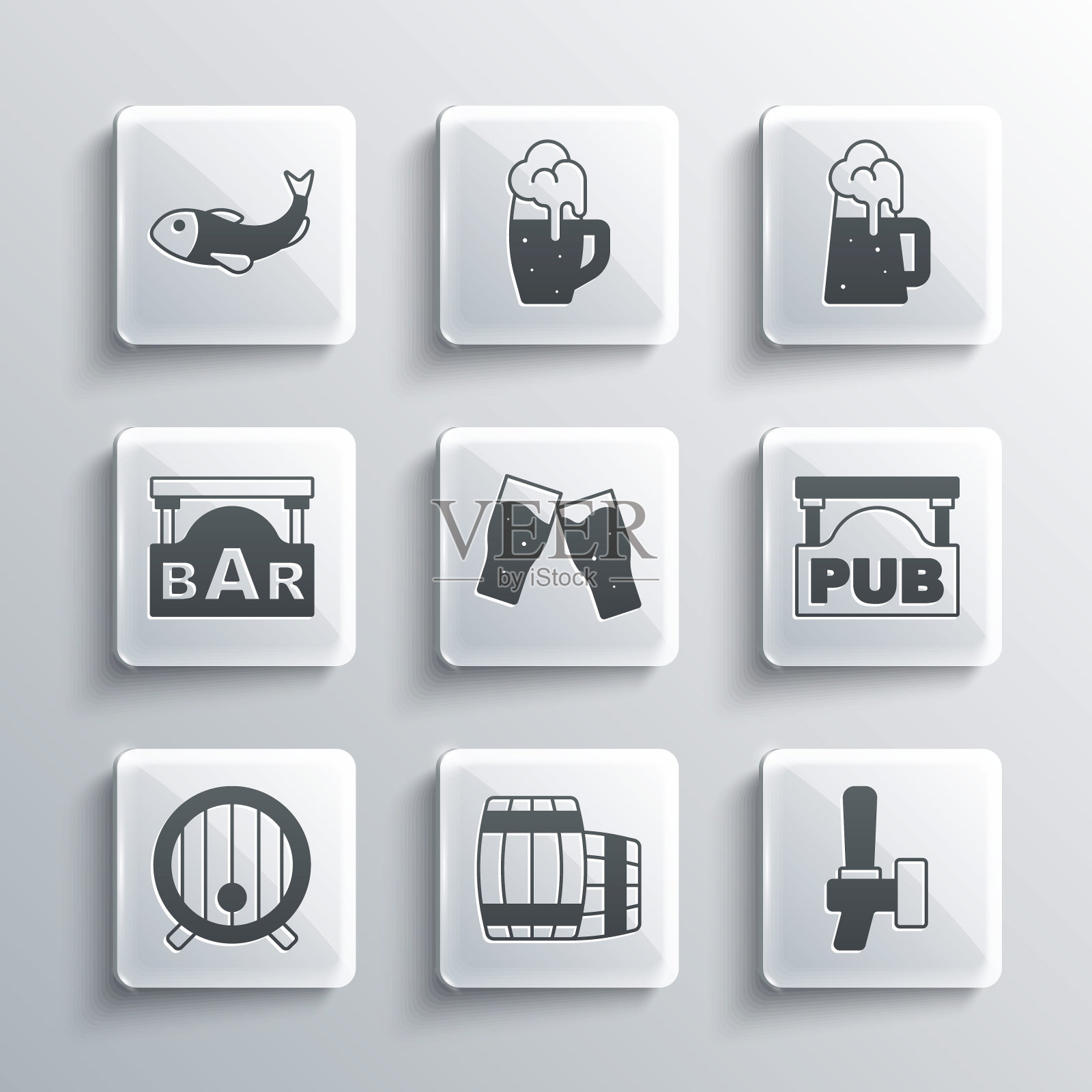 集木桶，啤酒龙头，街道招牌酒吧，啤酒，酒吧，干鱼和马克杯图标。向量插画图片素材