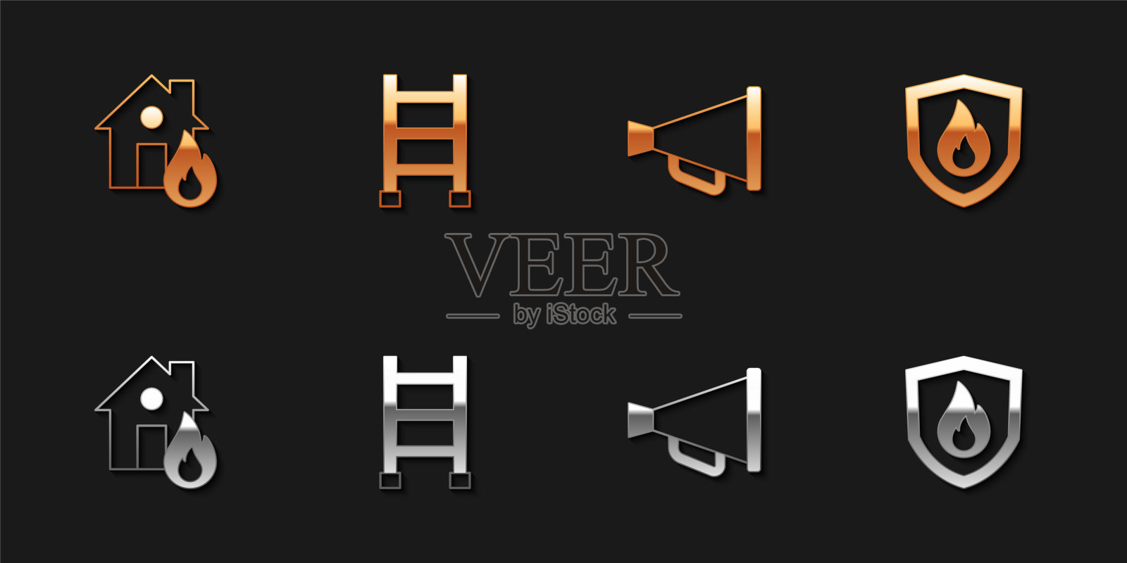 燃烧的房屋中的火灾、逃生、扩音器和防护盾图标矢量图插画图片素材