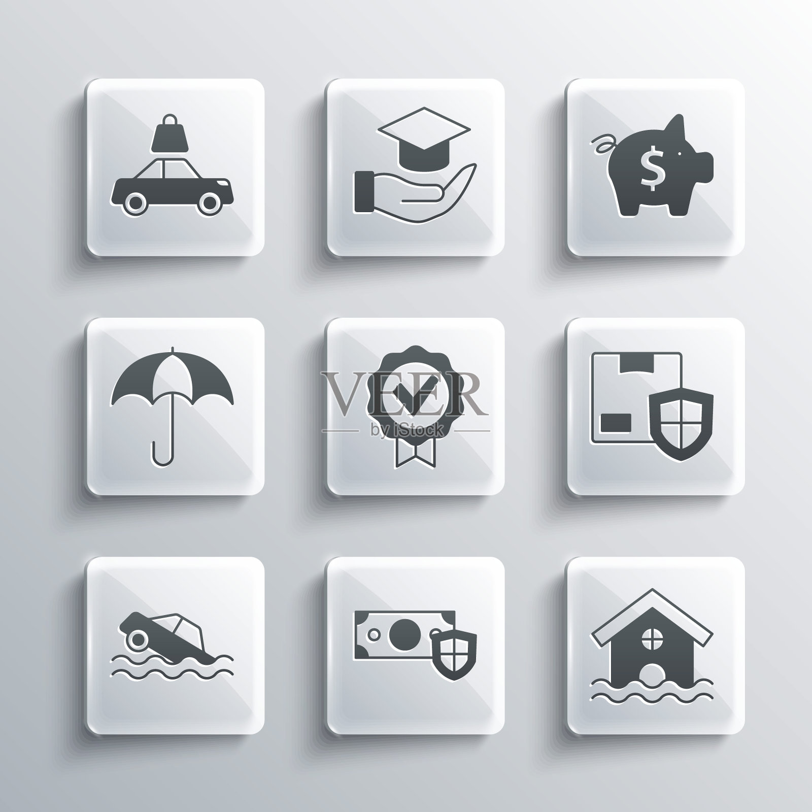 设置金钱与盾牌，房屋洪水，交付安全，批准和检查标记，洪水汽车，雨伞，汽车保险和储蓄罐图标。向量插画图片素材