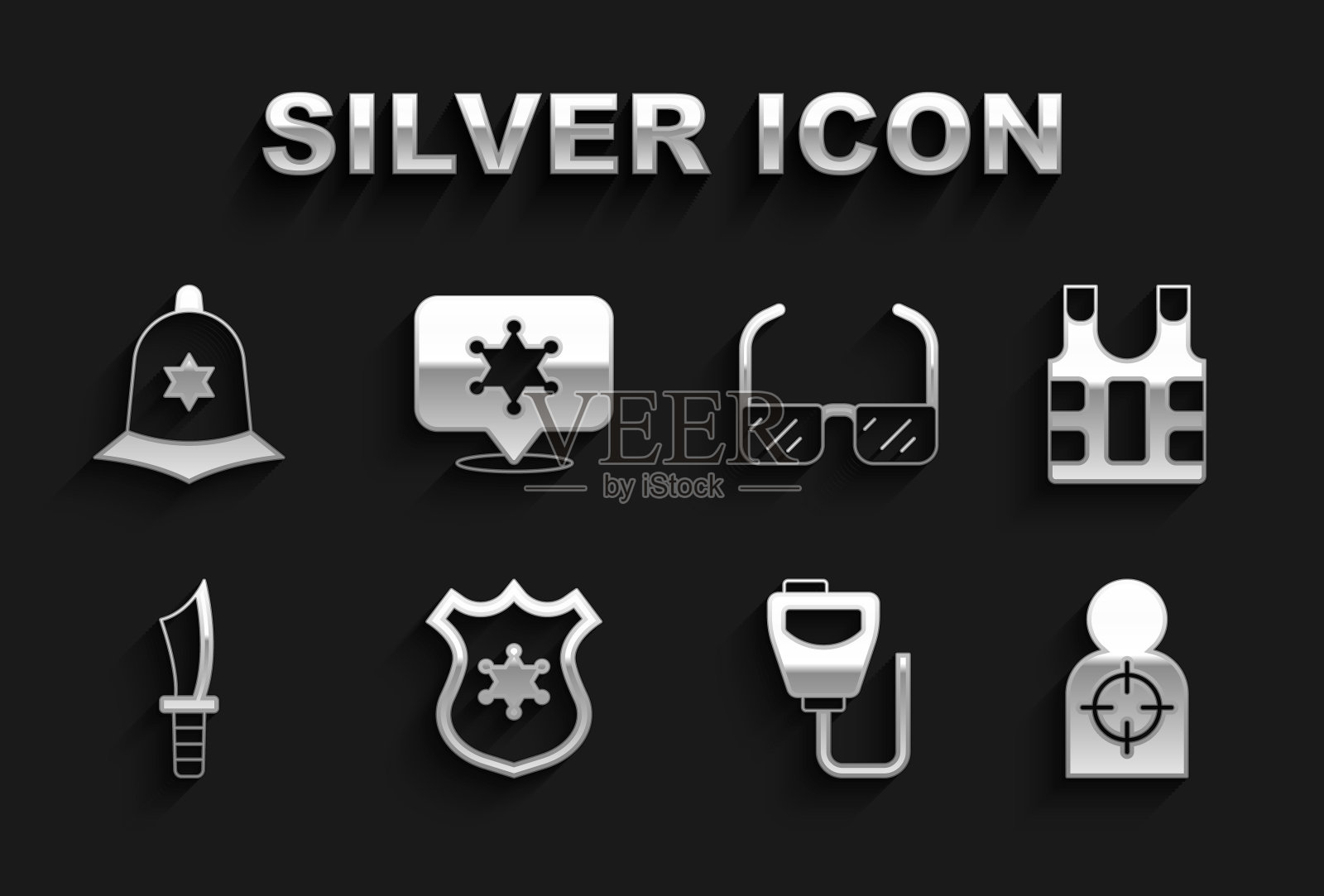 设置警察徽章，防弹背心，射击人体目标运动，对讲机，军用刀，安全护目镜眼镜，英国警察头盔和六角警长图标。向量插画图片素材