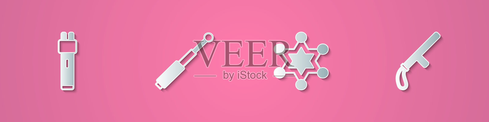 集剪纸警察电击器，伸缩警棍，六角警长和橡胶图标。纸艺风格。向量插画图片素材