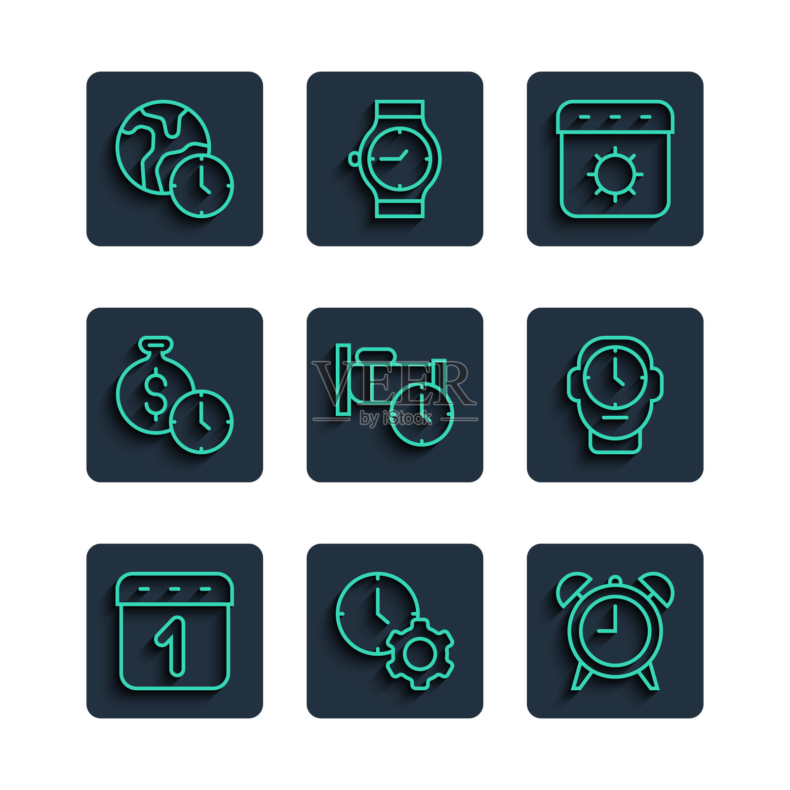 设置行日历，时间管理，闹钟，夏天，睡觉，是钱，世界时间和时钟图标。向量插画图片素材