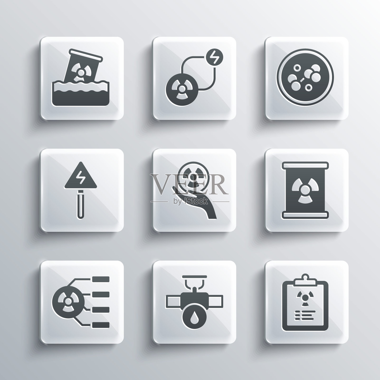 集工业管道和阀门、辐射警示文件、放射性废物桶、高压标志、分子图标。向量插画图片素材