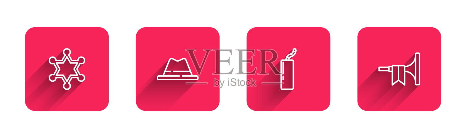 六角形警长，带丝带的帽子，炸药炸弹和长影子的小号。红色方块按钮。向量插画图片素材