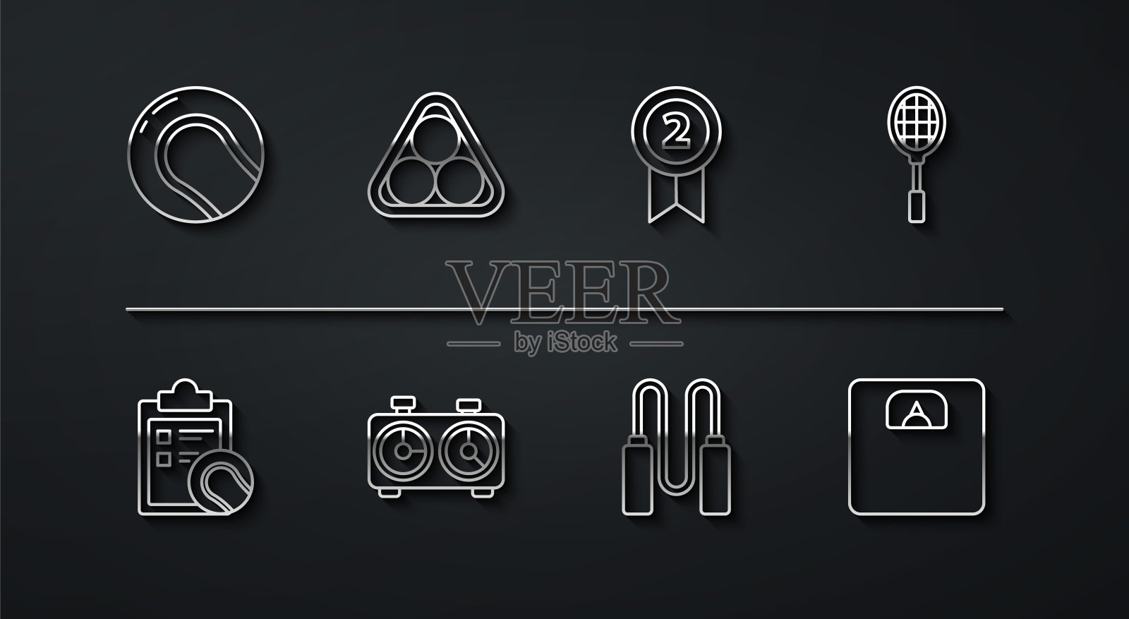 设置线棒球，检查表剪贴板和网球，网球拍，跳绳，时间国际象棋时钟，台球在三角形，浴室尺度和奖牌图标。向量插画图片素材