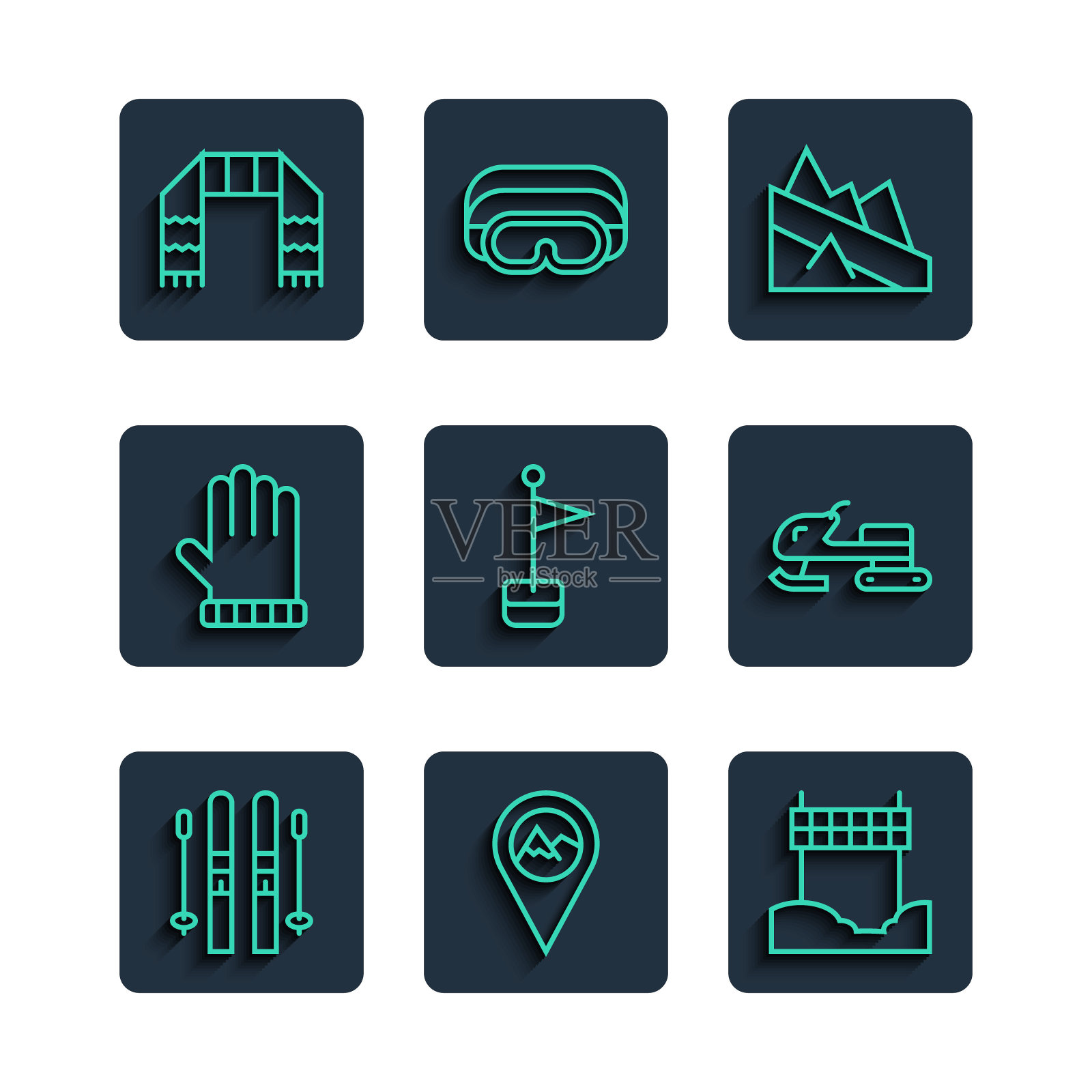 设置线滑雪和棍棒，位置与山，丝带终点线，山下降，标记，圣诞手套，冬季围巾和雪地摩托图标。向量插画图片素材