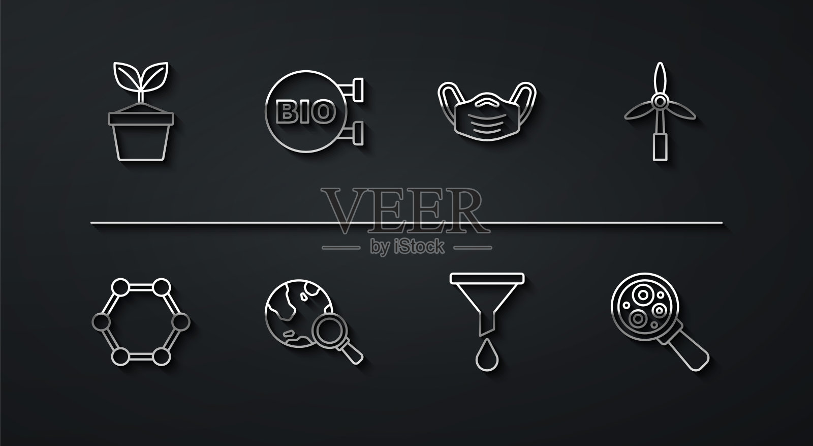 设置盆栽植物，分子，风力涡轮机，漏斗或过滤器，带有地球仪的放大镜，生物健康食品，放大镜下的微生物和医疗防护口罩图标。向量插画图片素材