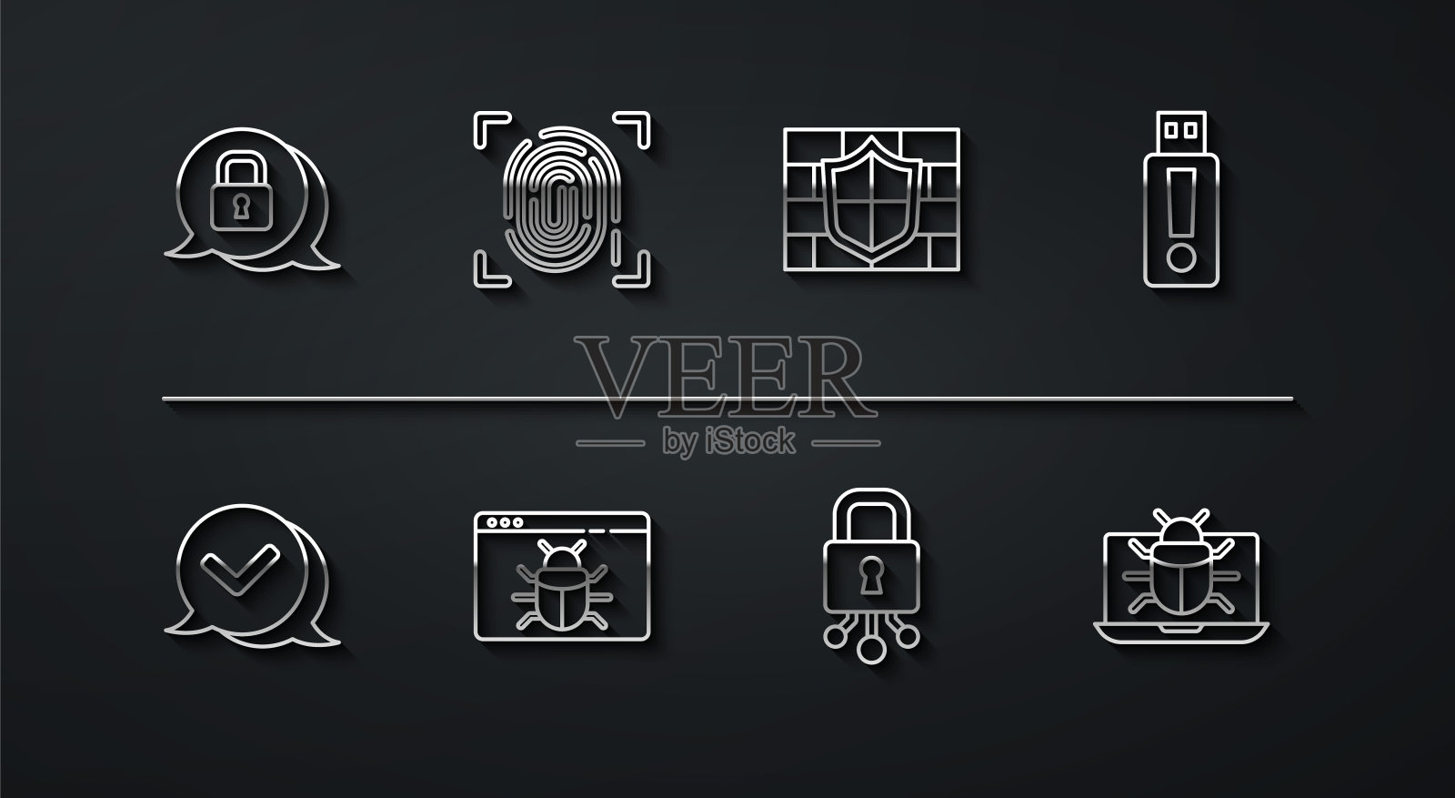 设置线网络安全，在语音气泡，USB闪存驱动器，系统错误，指纹，在显示器和屏蔽砖墙图标上勾选标记。向量插画图片素材
