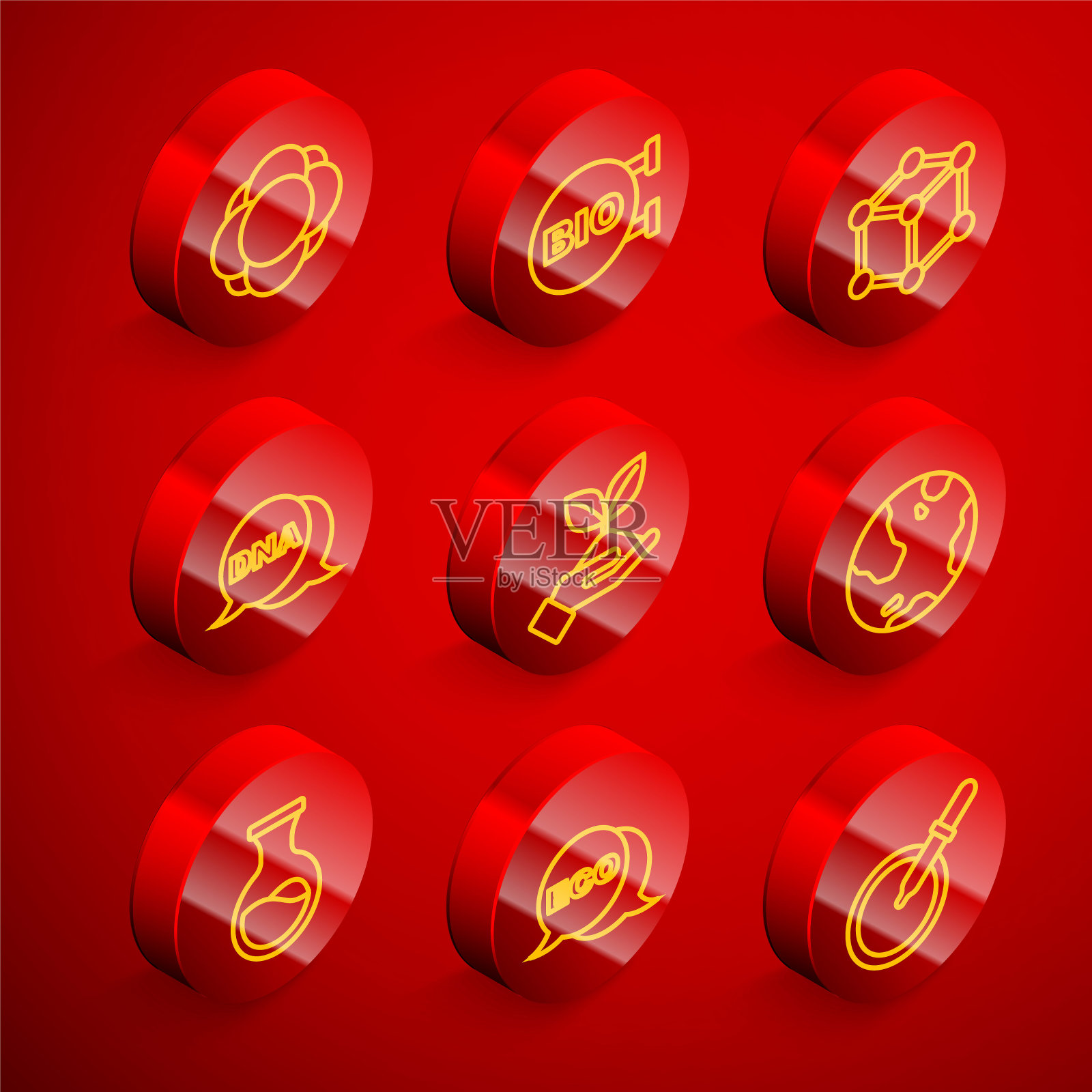 设置线分子，生物健康食品，DNA符号，植物在手，地球，试管烧瓶和标签的生态图标。向量插画图片素材