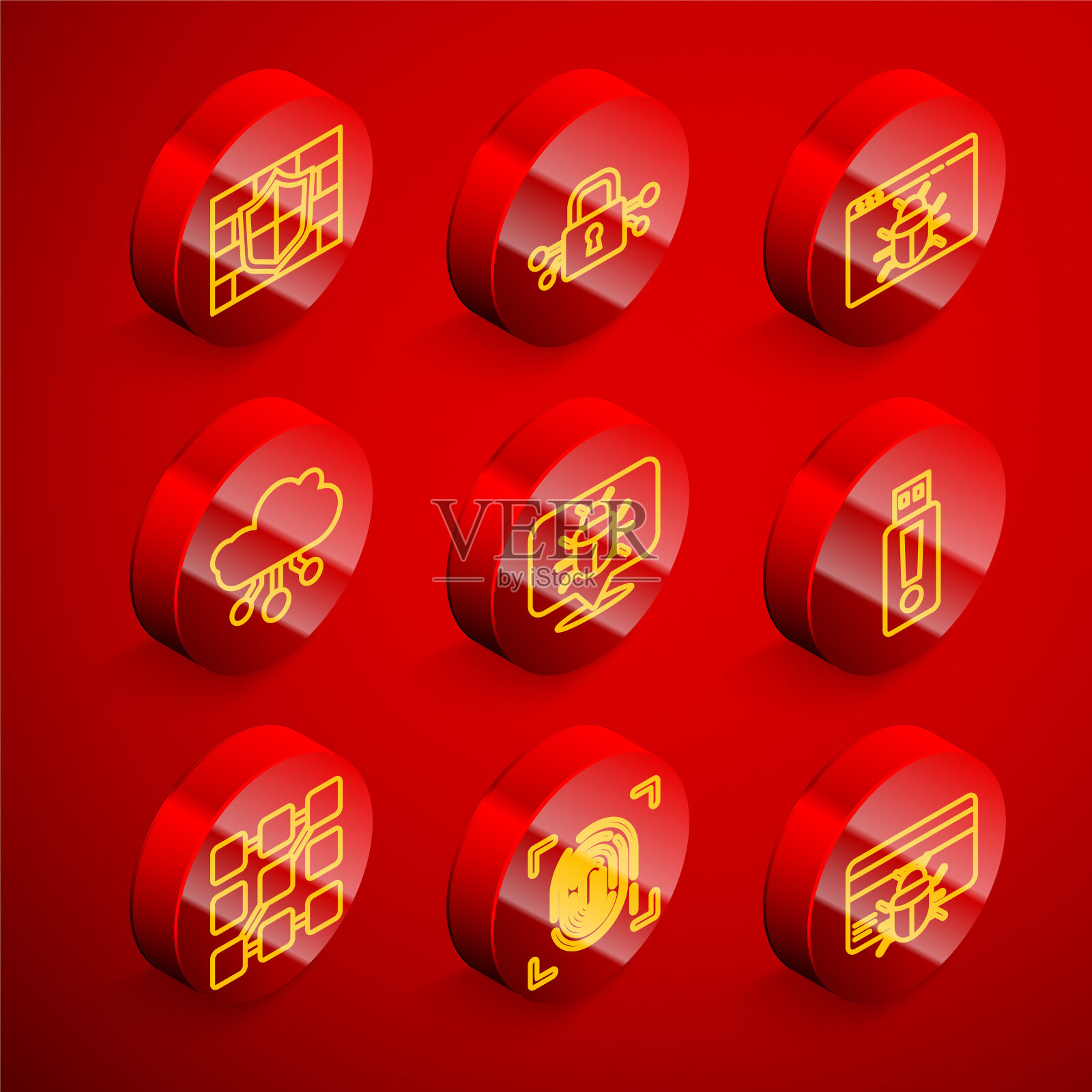 设置线屏蔽砖墙，网络安全，系统bug，物联网，USB闪存驱动器，图形密码保护和指纹图标。向量插画图片素材