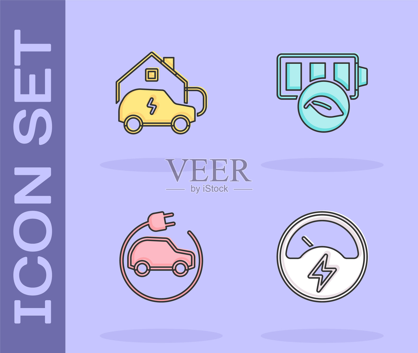 设置电压表，充电汽车在家里，电力和生态自然叶电池图标。向量插画图片素材