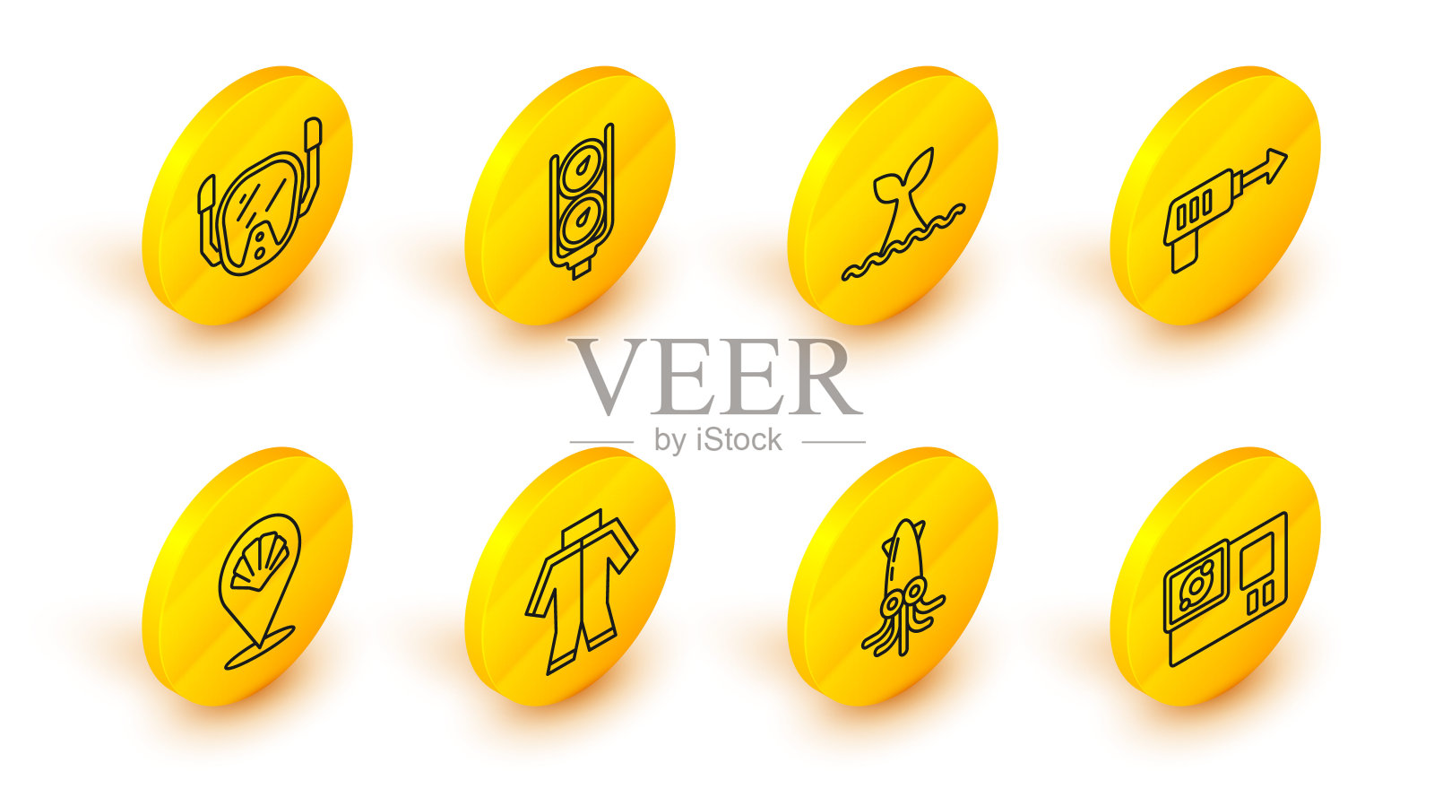 集线行动相机，章鱼，潜水服，扇贝海壳，钓鱼鱼叉，鲸尾海浪，测量尺度和潜水面具图标。向量插画图片素材