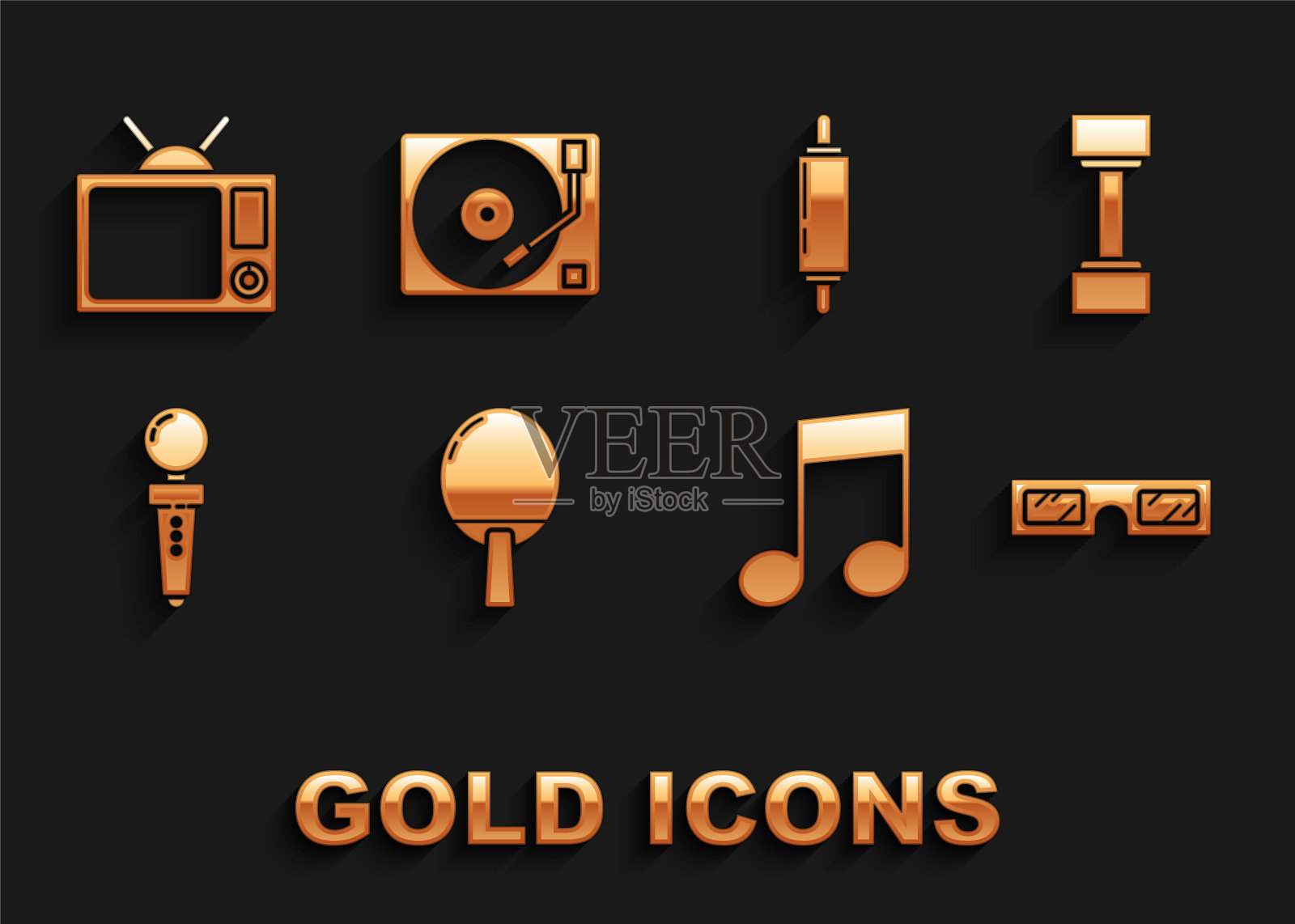 设置球拍打乒乓球，哑铃，3D电影眼镜，音符，音调，摇杆街机，擀面杖，电视和乙烯基播放器与乙烯基磁盘图标。向量插画图片素材