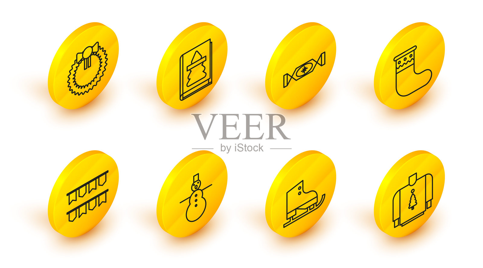 设定线圣诞毛衣，花样滑冰，雪人，嘉年华花环与旗帜，长袜，糖果，书和花环图标。向量插画图片素材