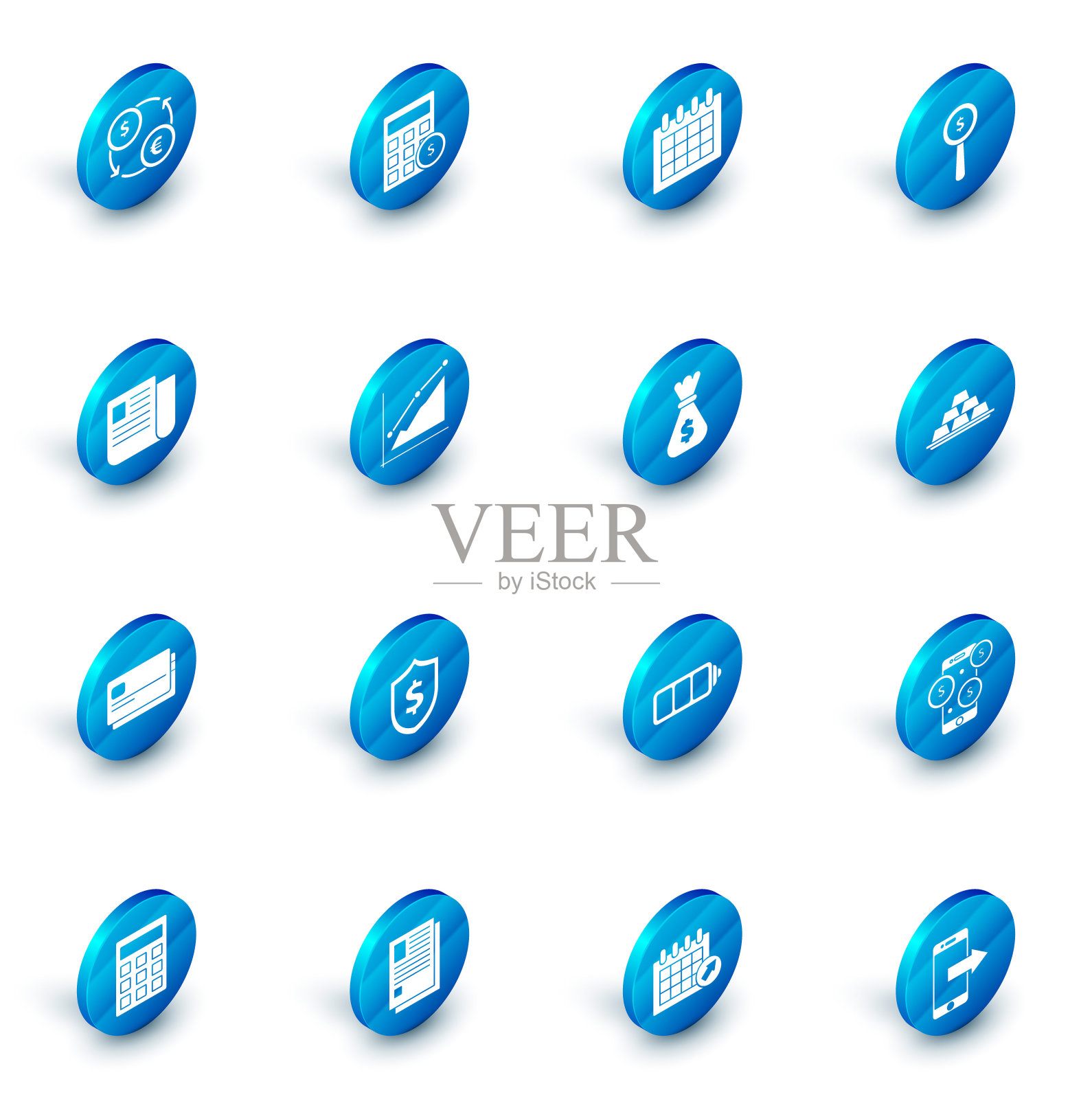 集计算器与美元符号，日历，放大镜和，文件文件，信用卡，饼图信息图，金条和钱袋图标。向量插画图片素材