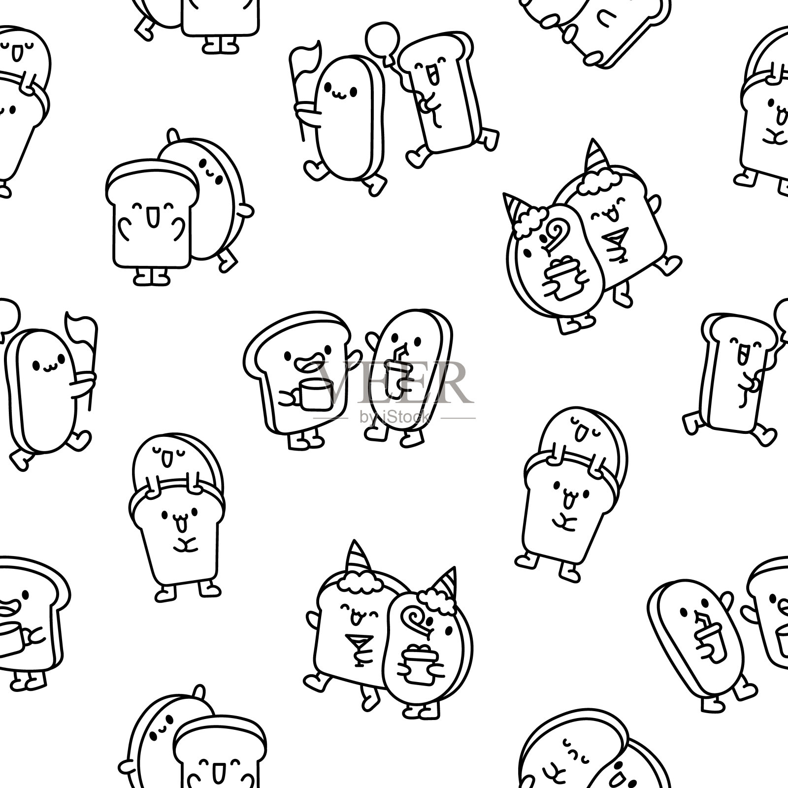 滑稽的夫妇面包卡通人物。无缝模式。着色页面。可爱的卡哇伊面包房朋友。手绘风格。矢量图。设计的饰品。插画图片素材