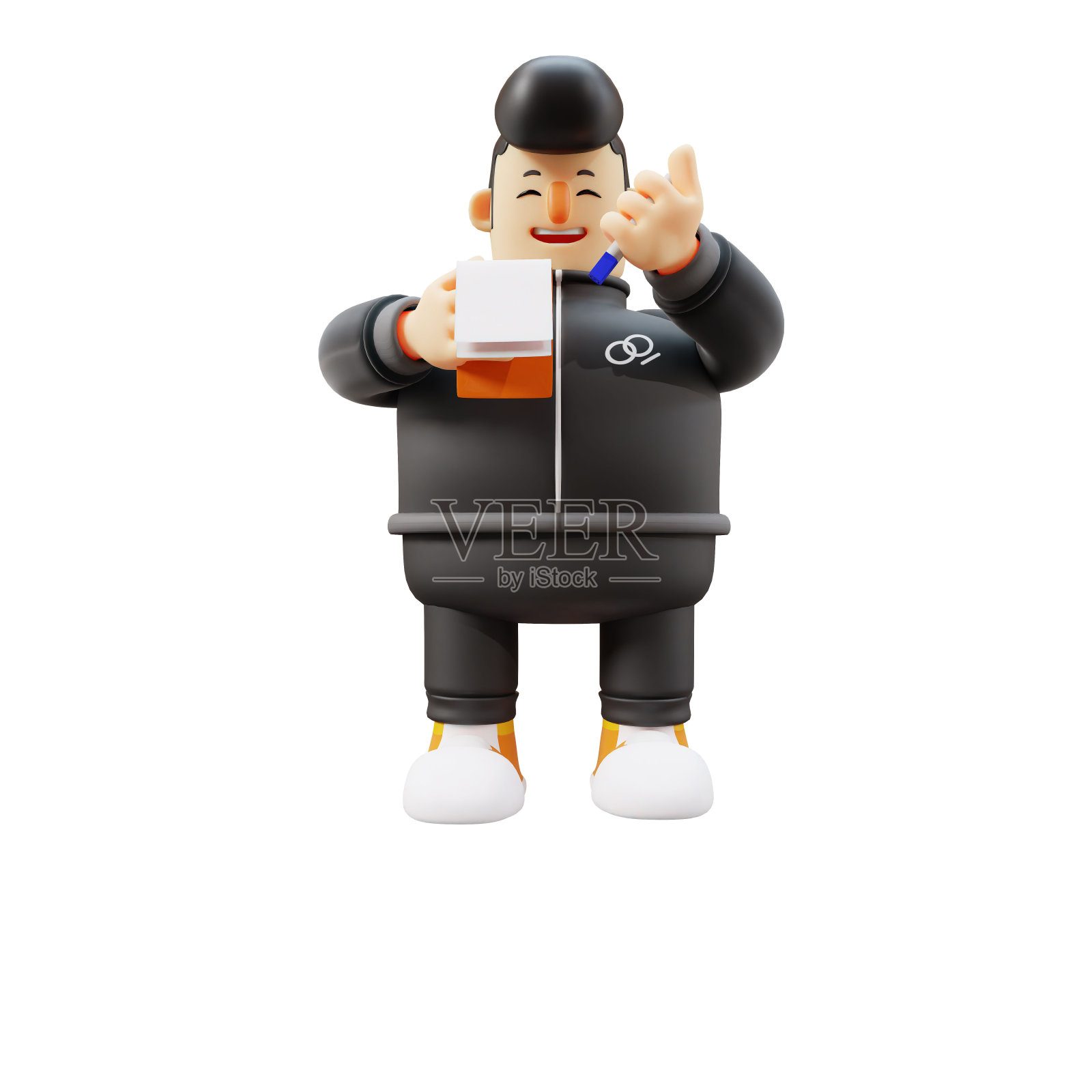 3D卡通人物。卡通人物拿着笔记本和笔。男孩和吉他照片摄影图片