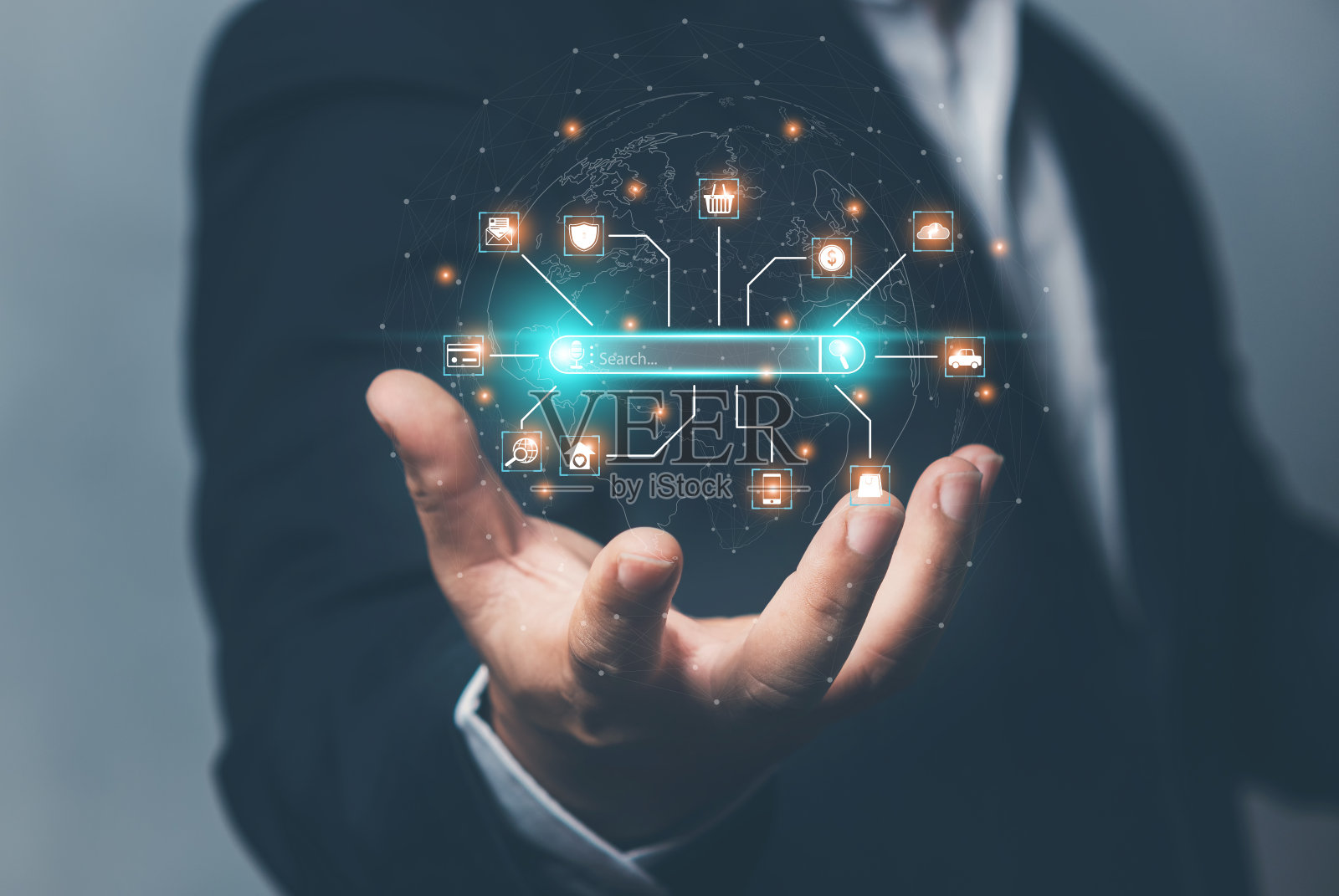 人工智能助手搜索;SEO搜索引擎优化概念。网站上的人工智能搜索引擎优化图标，以排名搜索引擎或执行搜索引擎优化。在屏幕上搜索。人工智能数据技术照片摄影图片