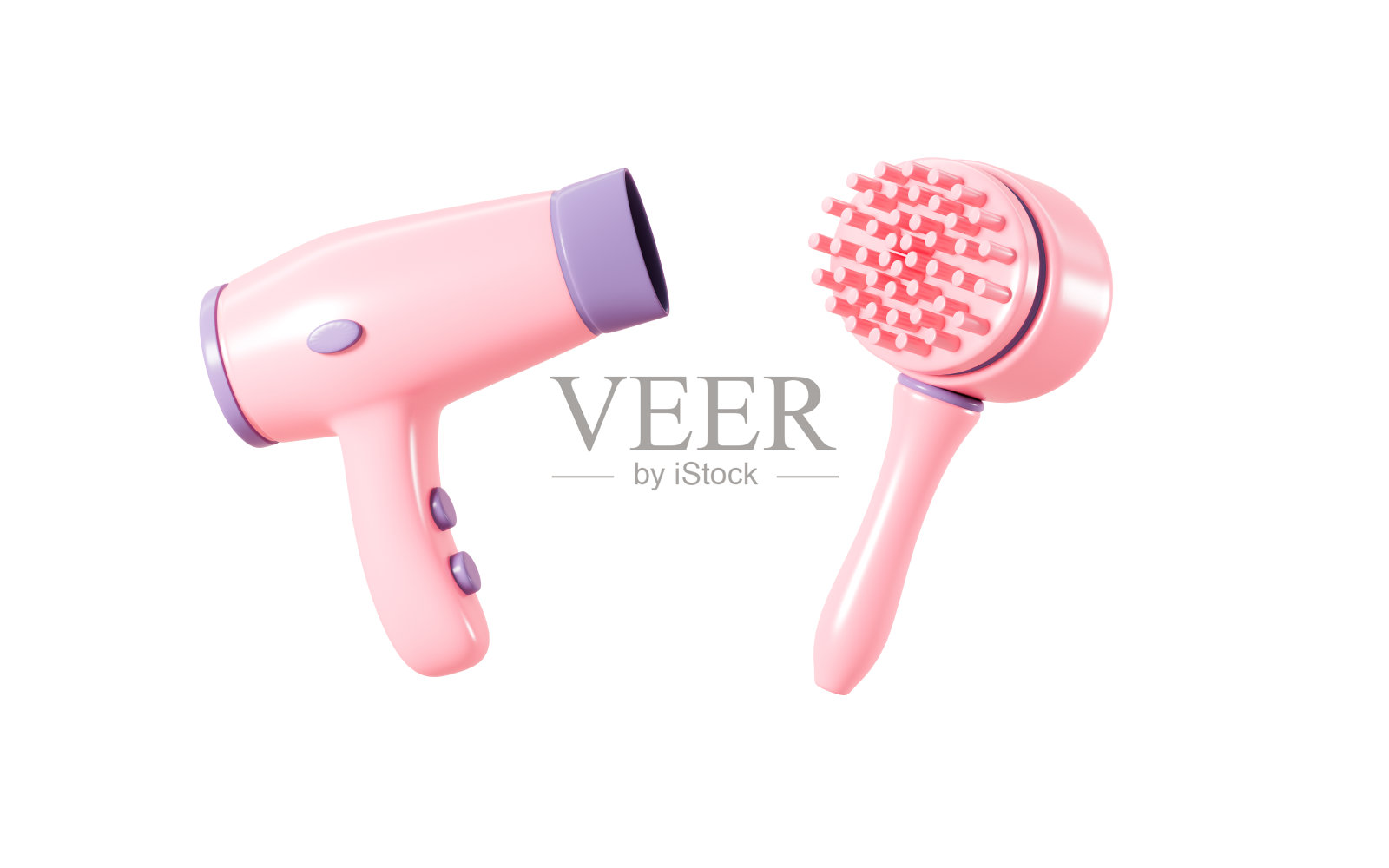 卡通吹风机和梳子，美发美容，3d渲染。照片摄影图片