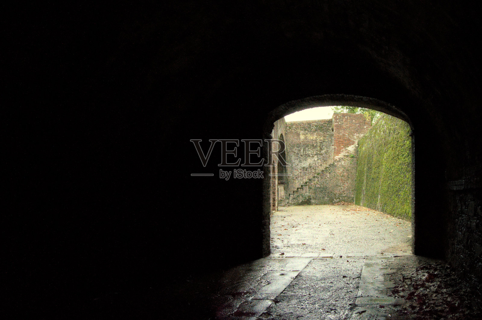 托斯卡纳卢卡的背光入口通向墙壁上发霉的楼梯照片摄影图片