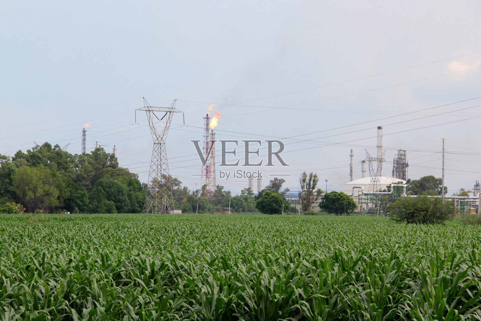 墨西哥萨拉曼卡-瓜纳华托高速公路上的炼油厂塔上有火炬作为安全装置，可以消除气体照片摄影图片