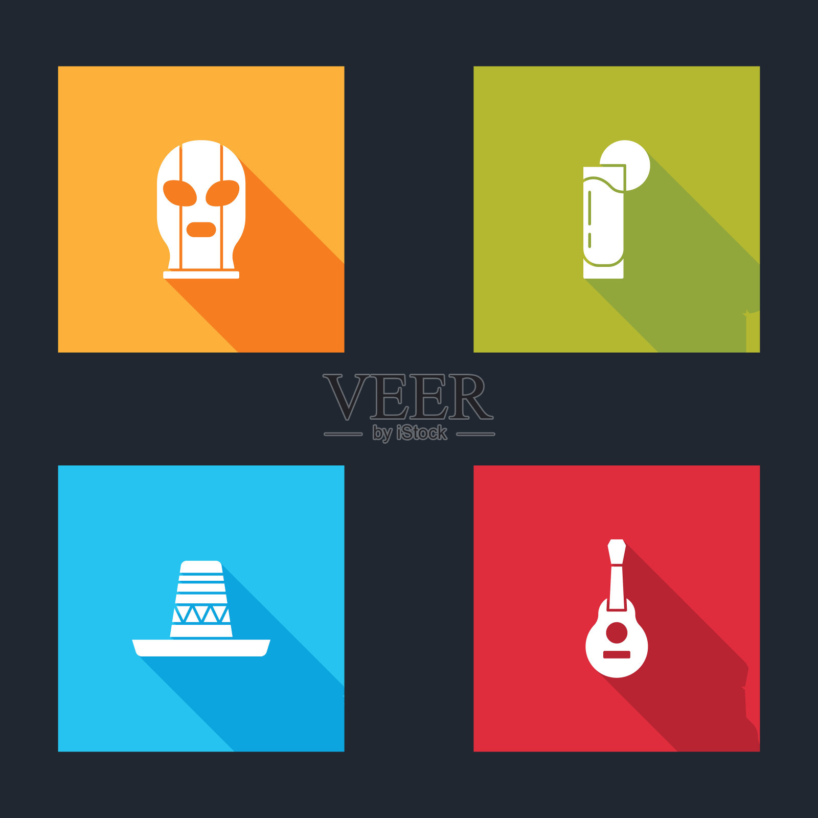 集墨西哥摔跤手，龙舌兰酒杯与柠檬，墨西哥宽边帽和吉他图标。向量插画图片素材