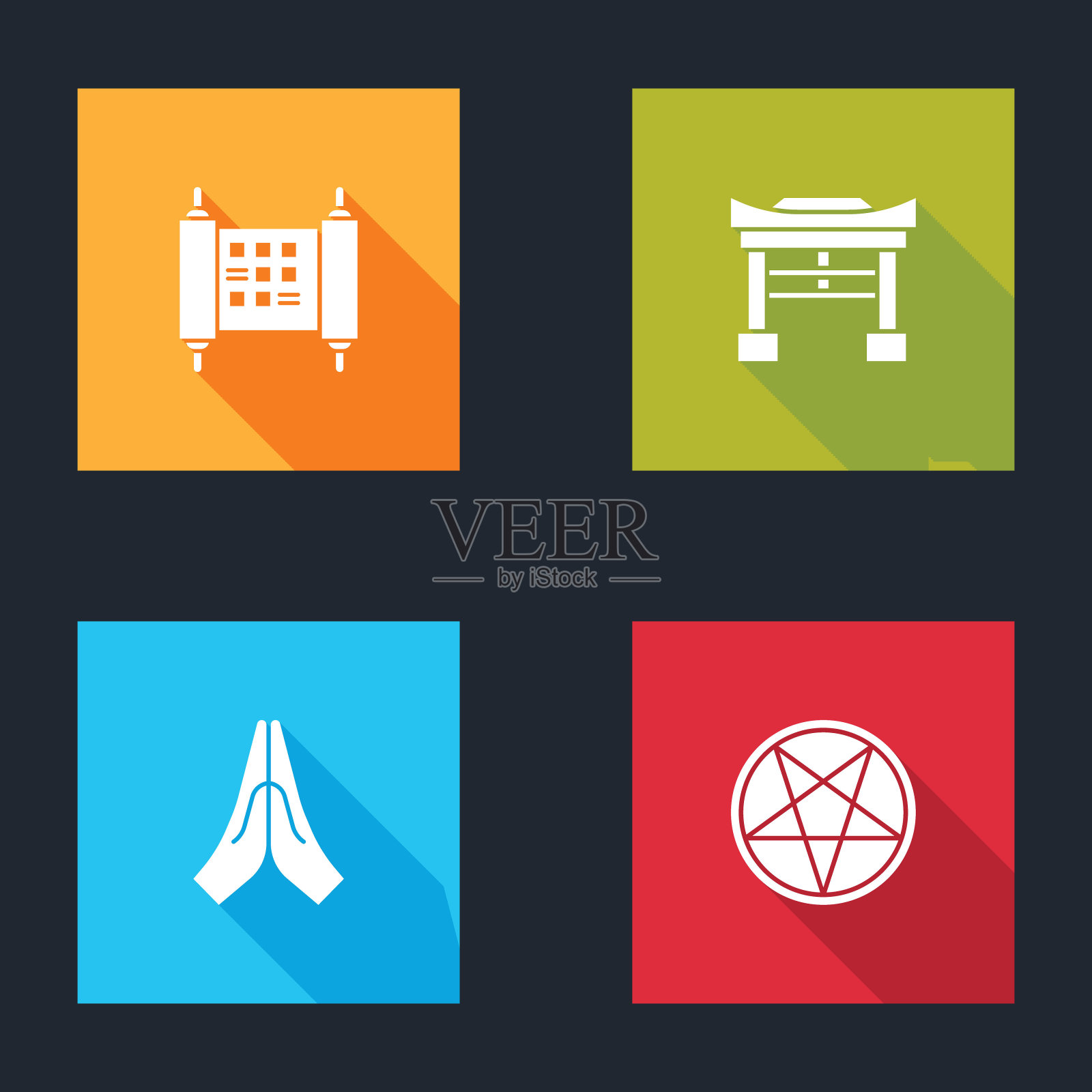 集法令，纸，羊皮纸，卷轴，日本门，手在祈祷位置和五角星圆形图标。向量插画图片素材