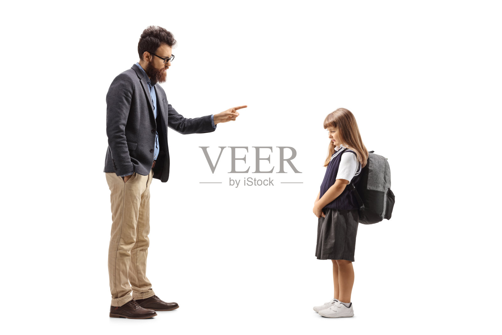 一名男子训斥一名女学生的全身侧面照照片摄影图片
