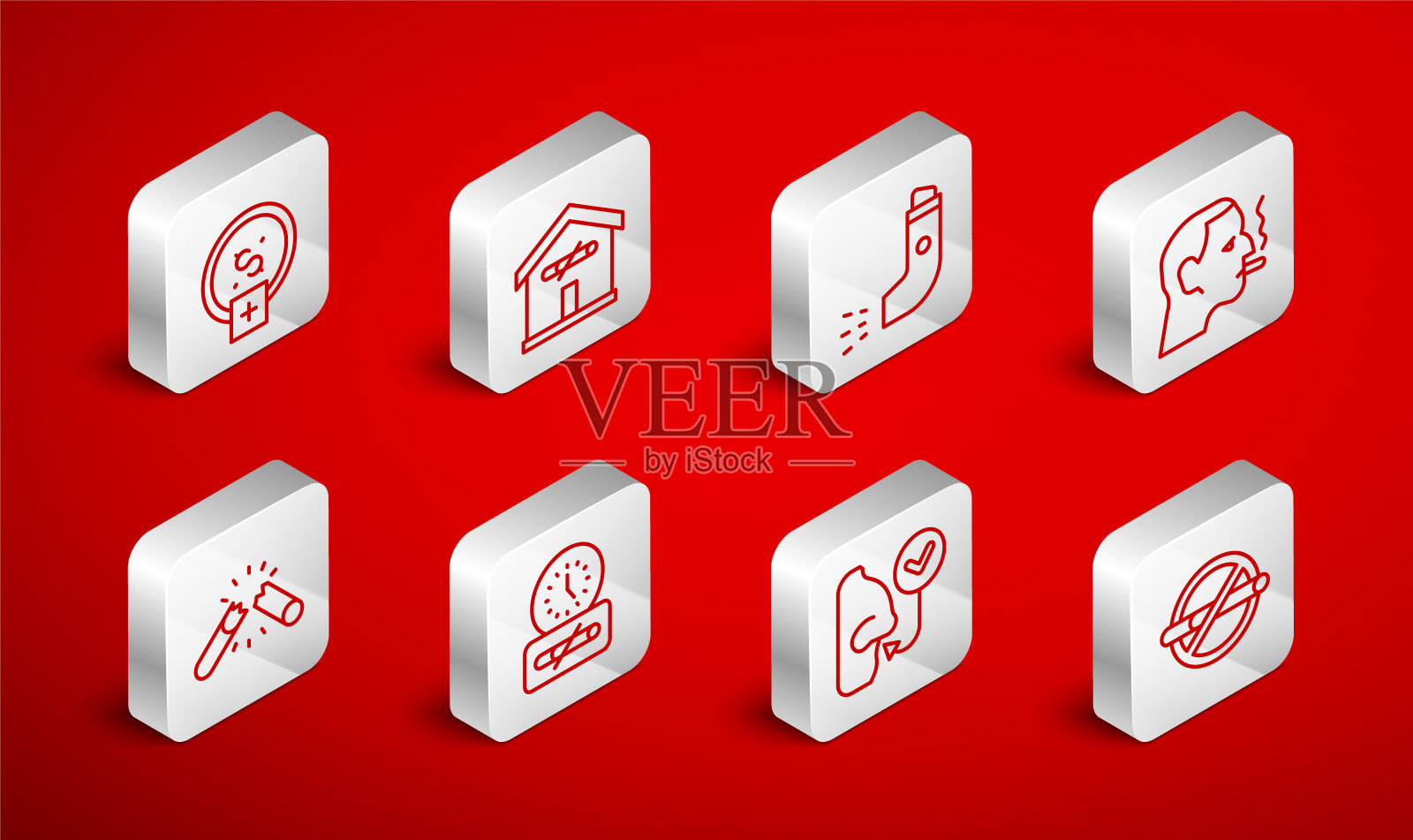 设置线禁止吸烟，在家里，吸入器，男人香烟，健康呼吸，停止省钱，时间和破碎的图标。向量插画图片素材