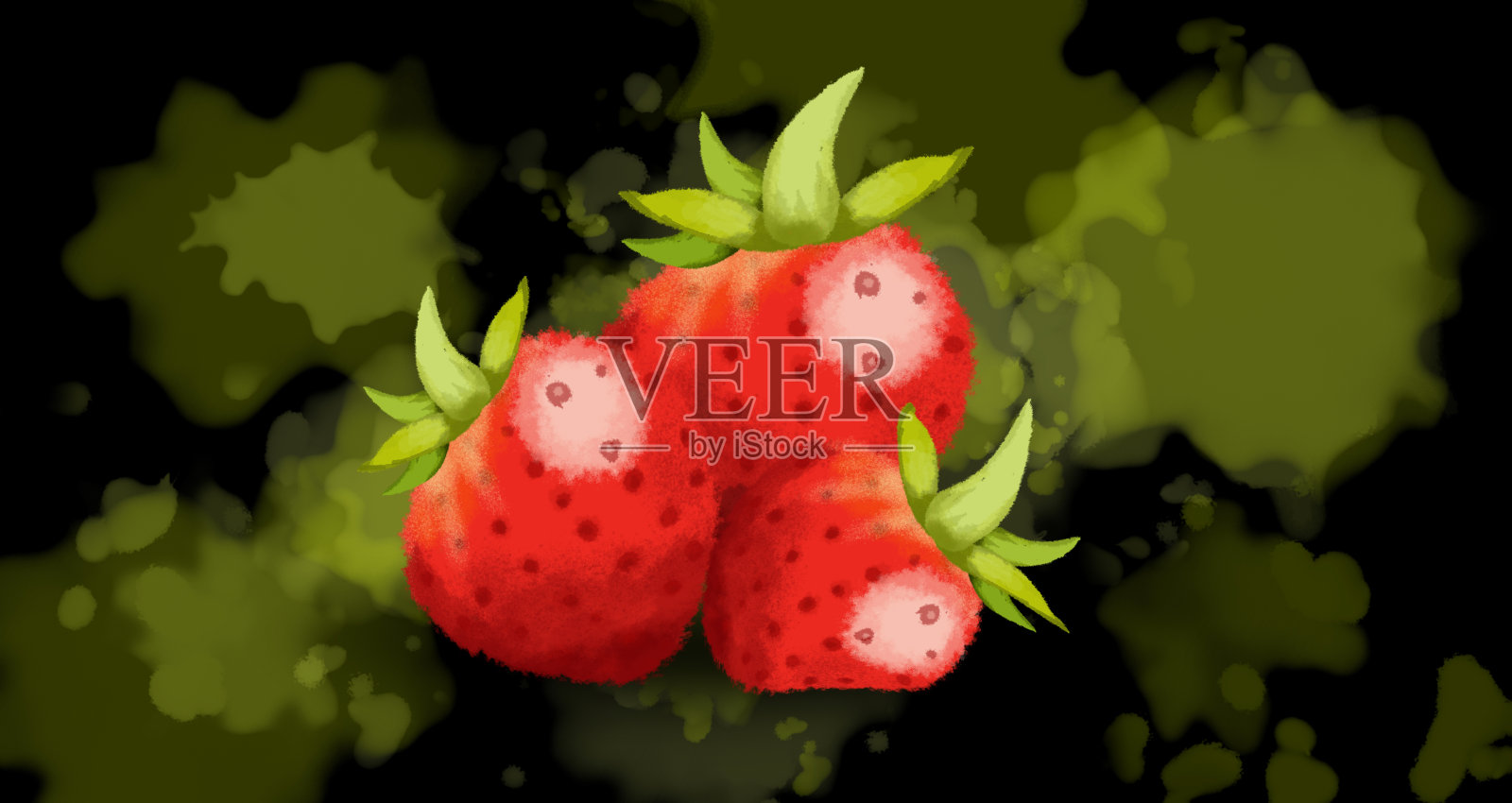 三个红草莓和绿叶躺在黑色水彩背景插画图片素材
