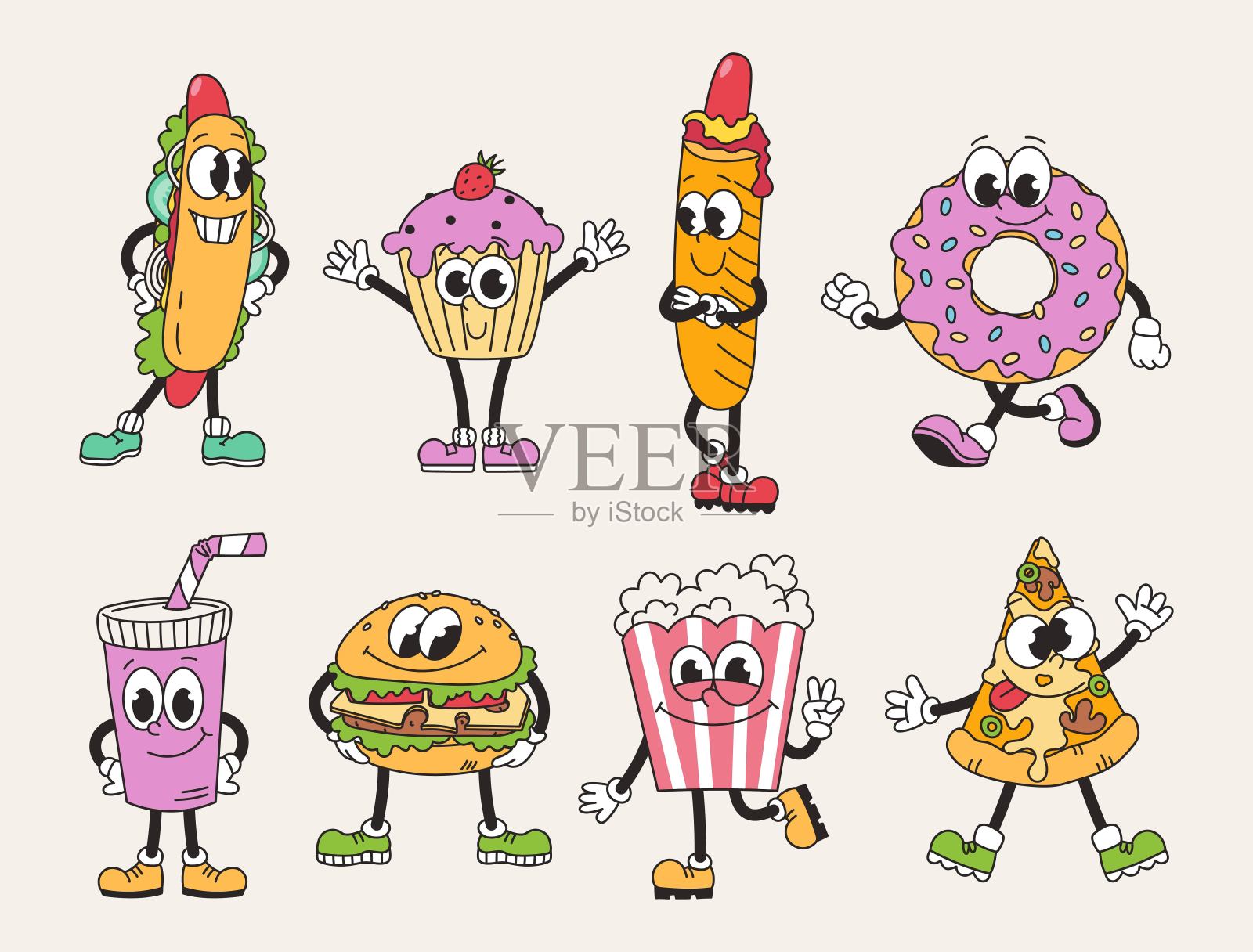 复古的时髦快餐和糖果角色。有趣的复古吉祥物。垃圾食品，甜点。卡通矢量插图插画图片素材