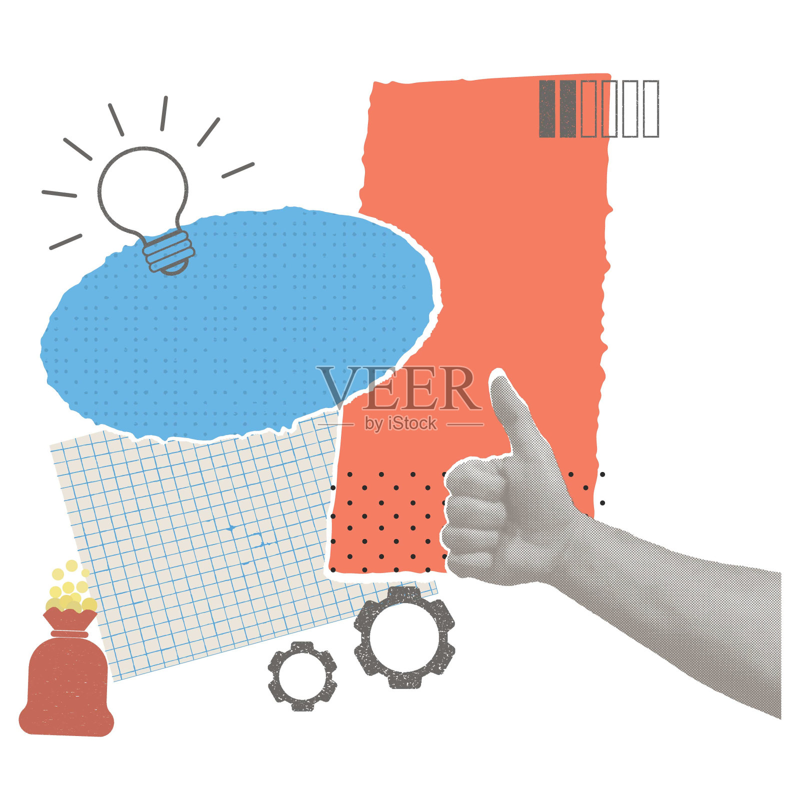 一个现代的、抽象的拼贴画，以大拇指向上的手势、灯泡图标、齿轮和彩色几何形状为特色。设计结合了复古的半色调，grunge纹理与波普艺术的极简主义元素，完美的商业，创意，创新，和插画图片素材